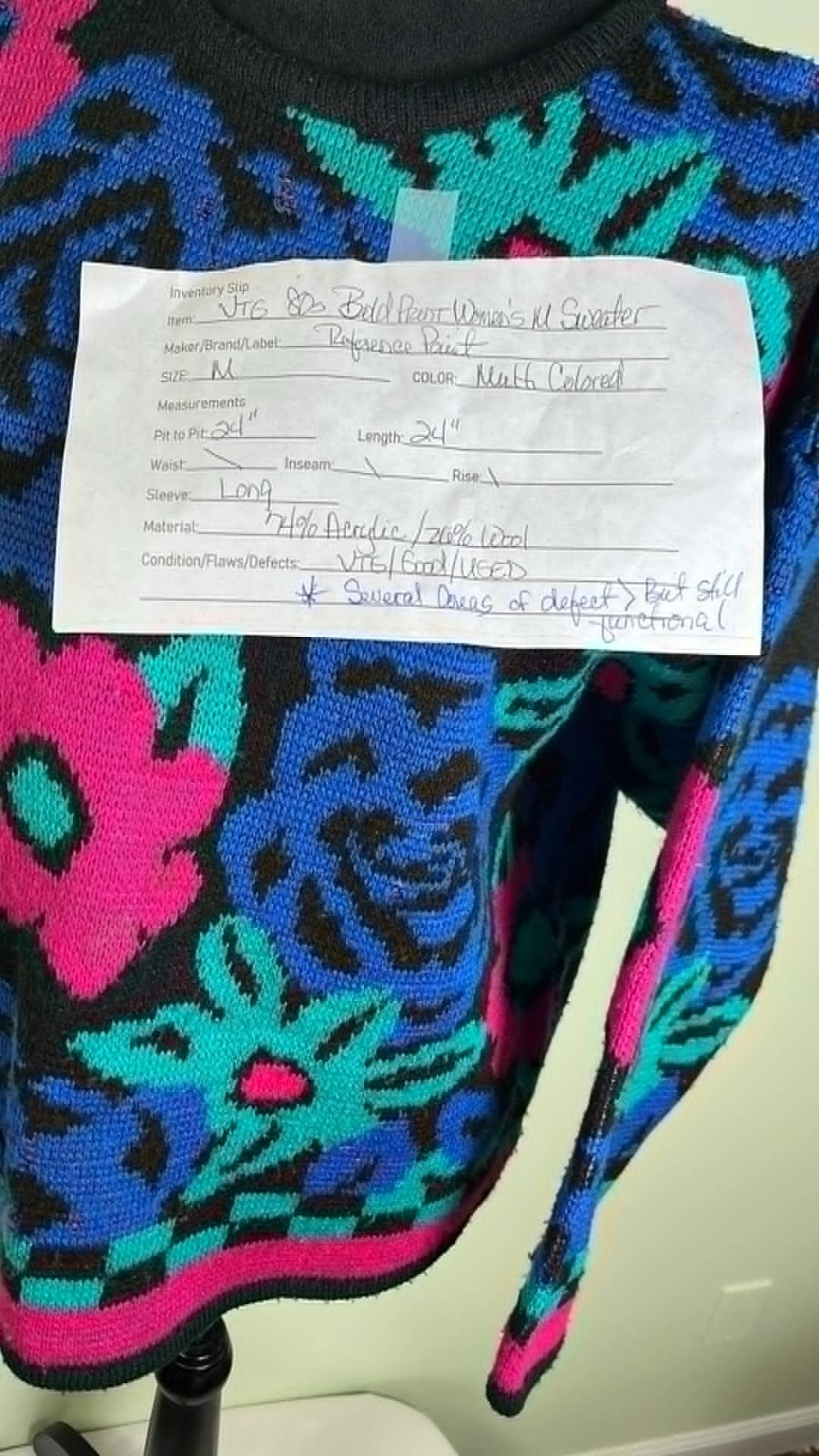 VTG 80s Reference Point Bold Floral Sweater SZ M Neon Magenta Boxy Retro Cosby