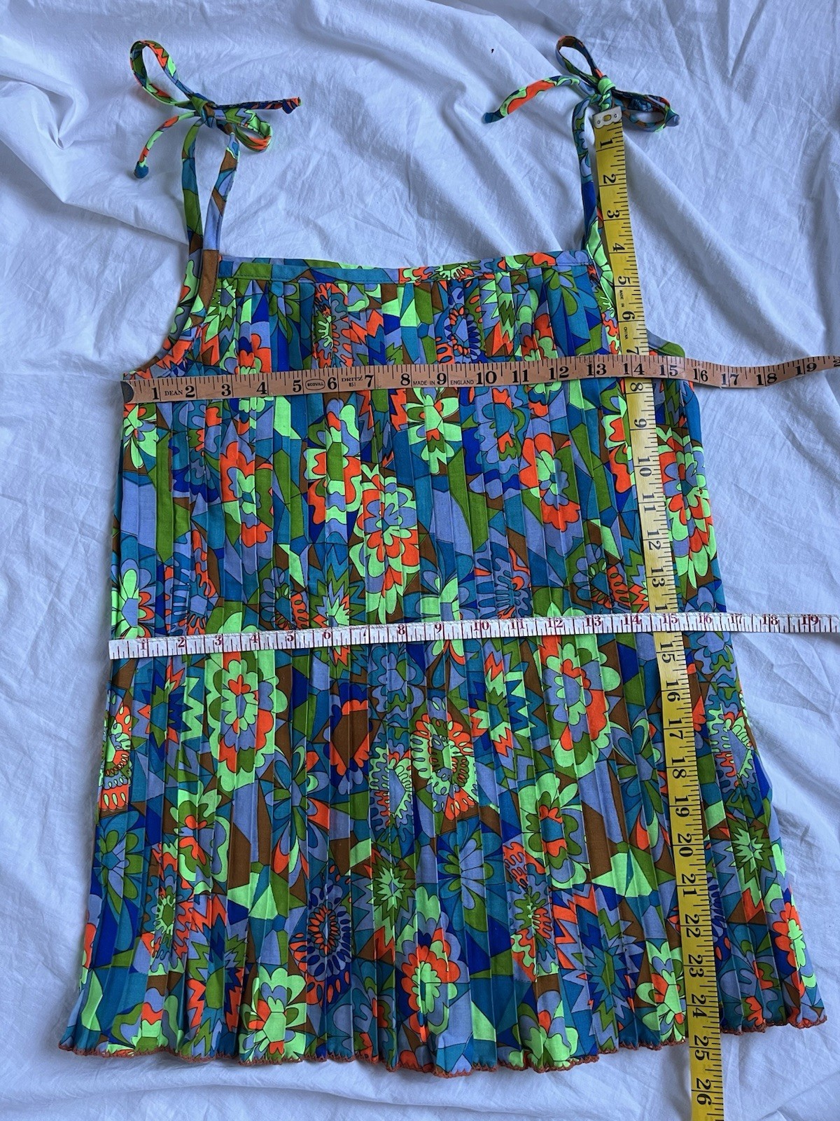 Vintage 60s Mod Go-Go Tank Top Blouse Pleats Retro Floral Summer Beach Resort S
