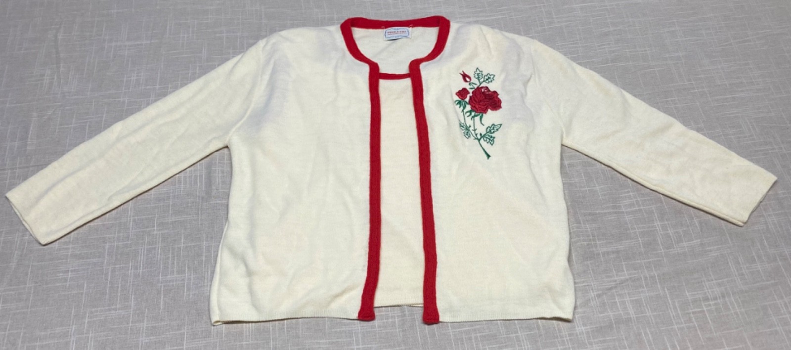 Vintage Sweater Cardigan Tank Top 2 Piece Set 1960s Rose Embroidery Double Knit