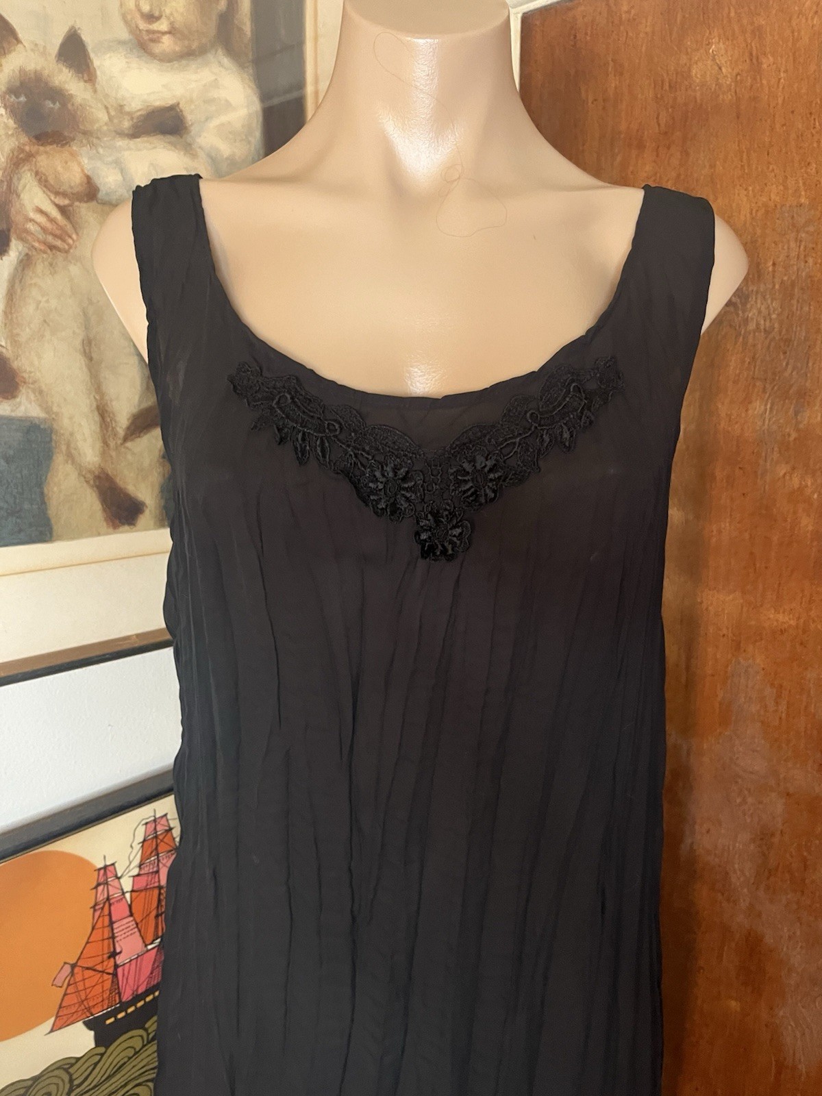 Vintage Black Whimsy Classic Sheer Crinkle Pleated Crochet Hem Maxi Dress S/M