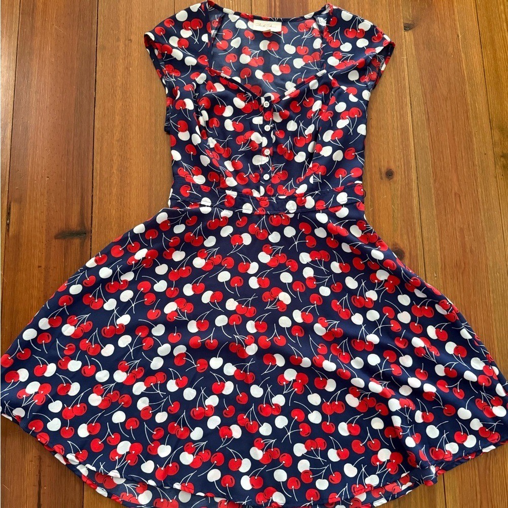 Retro inspired Red & White Cherry Print Navy Summer dress with Keyhole back. S