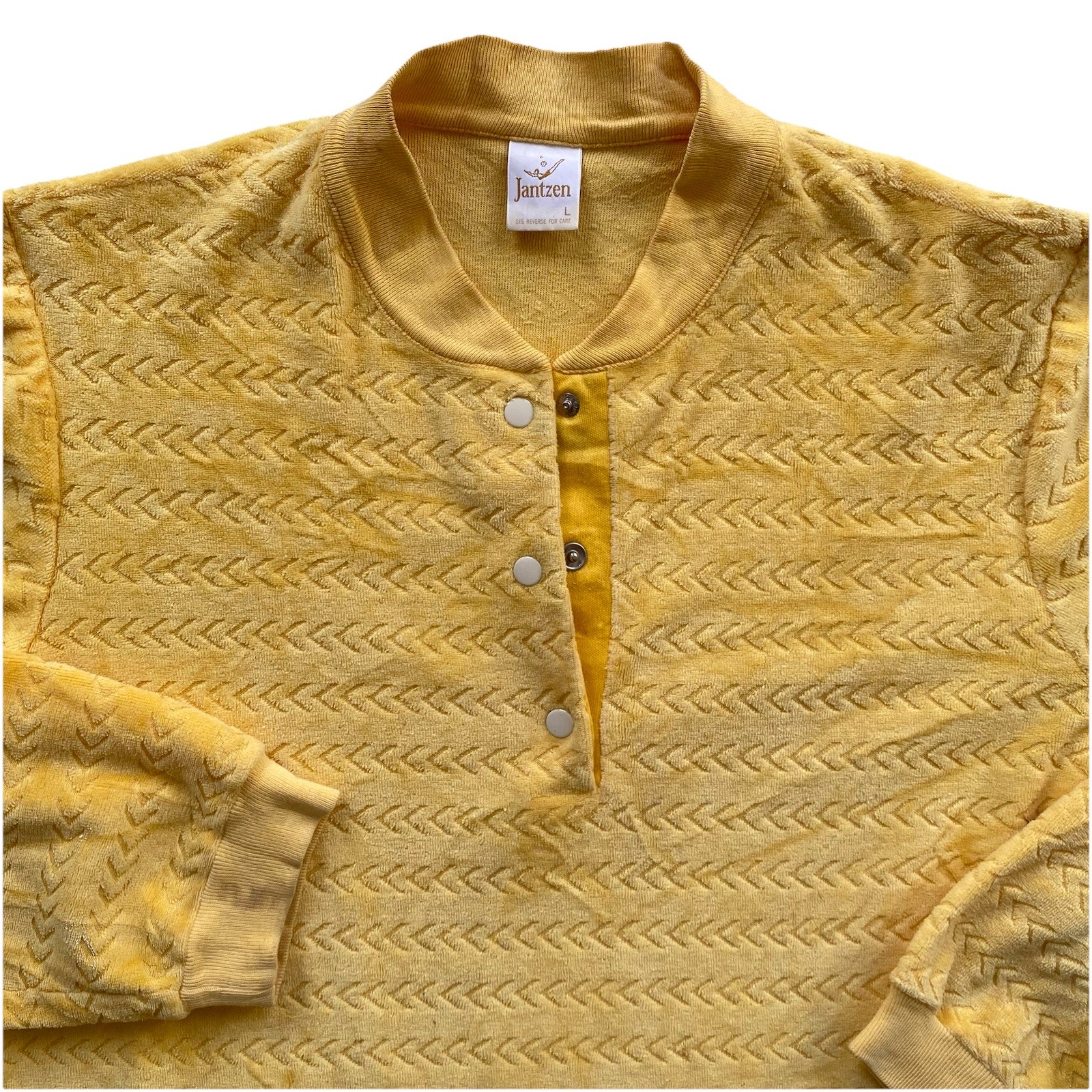 Vintage Jantzen Henley Yellow Velour Long Sleeve Shirt 70s Disco Stripe Large