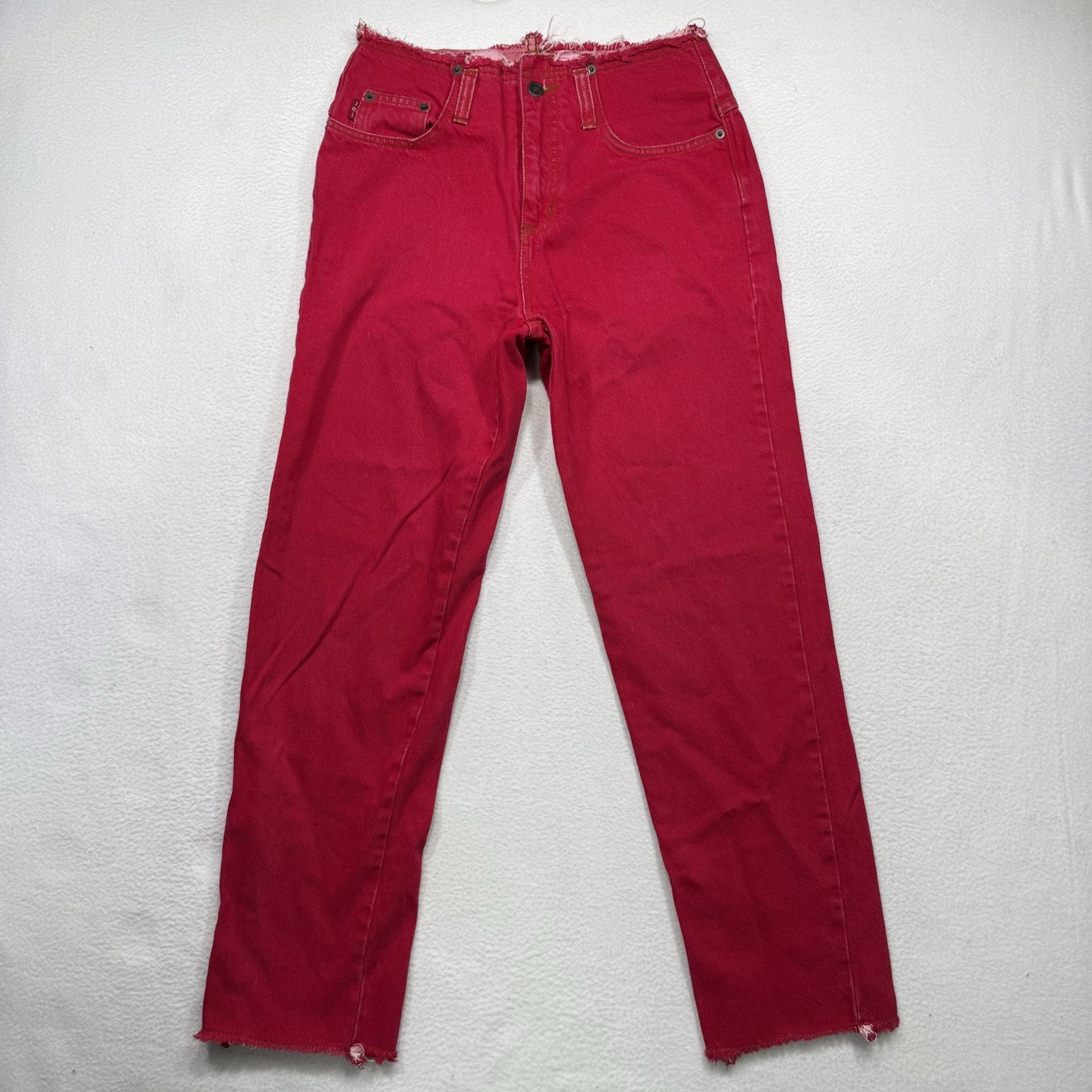 LEI Woman’s Jeans Red Skater Raw Waist Edge Size 9 Vintage Made In USA 30×28