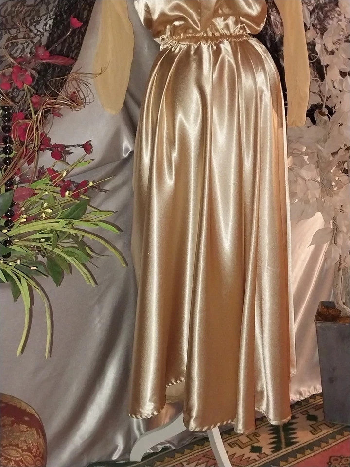 VTG REAL SATIN GOLD LAME 400&Prime; SWEEP 40S STYLE Wedding EVENING MAXI GLAM Dress 38