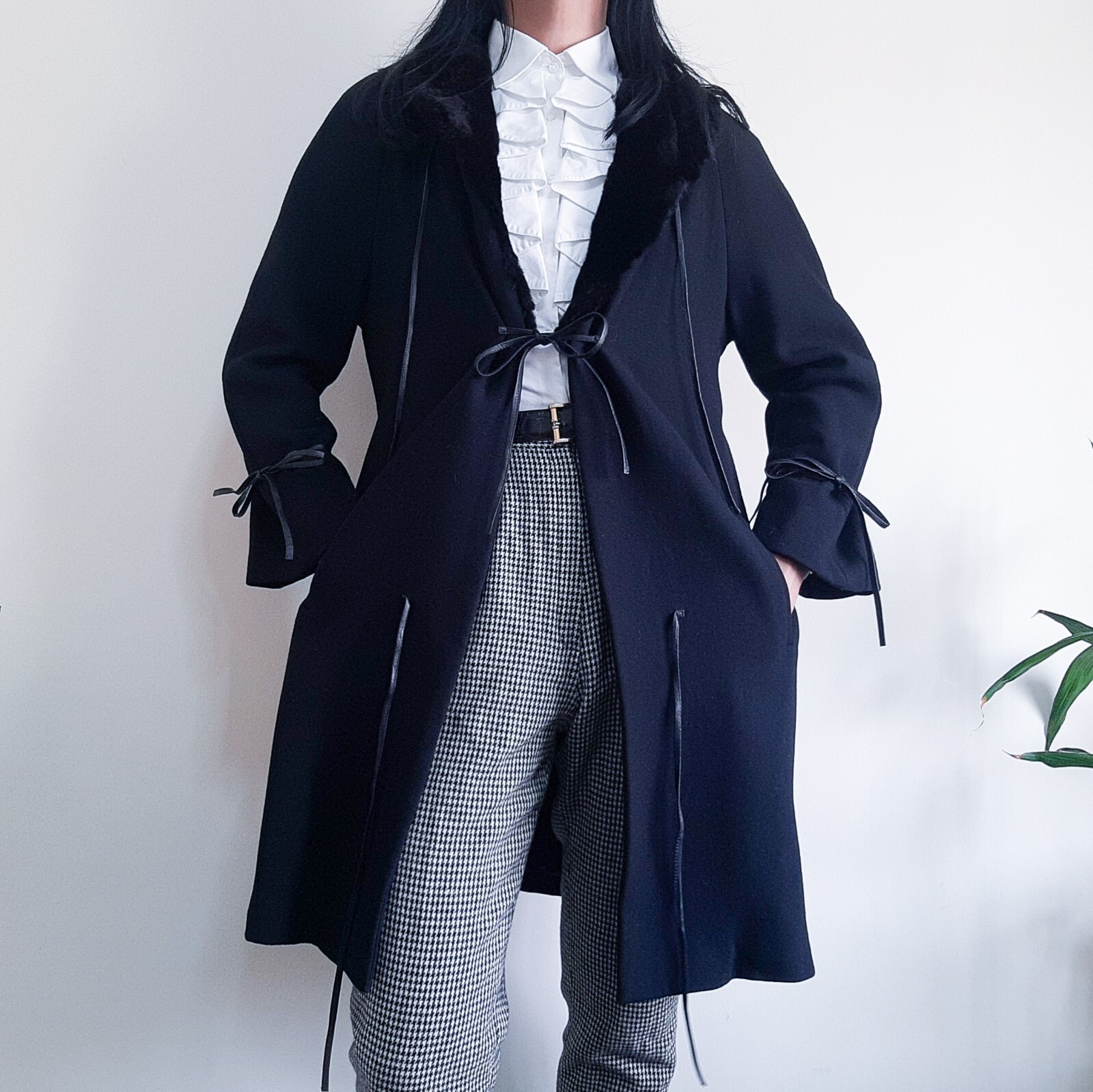 JEAN LOUIS SCHERRER Black Wool Coat Fur Trim Collared Midi Opera Coat Size 40