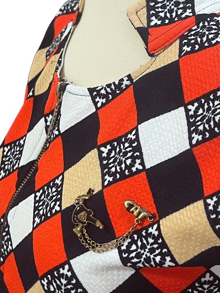 Vtg 70s Blue Orange White Motif Diamond Print Sleeveless Maxi Dress Groovy Cat