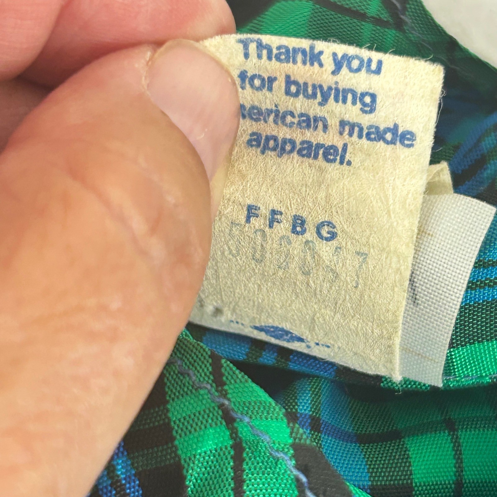 Vintage JCPenney Fashions Plaid Blouse Green Blue Ruffle Neck ILGWU USA 13/14