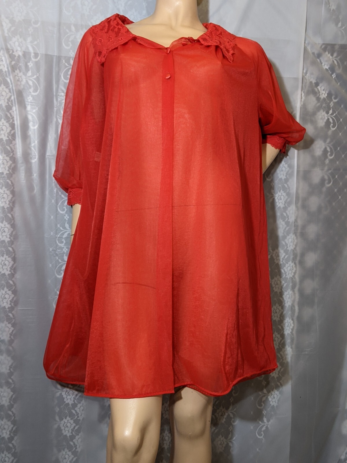 Vintage TEXSHEEN Red DOUBLE CHIFFON Lingerie Dress Satin Buttons Peignoir Robe M