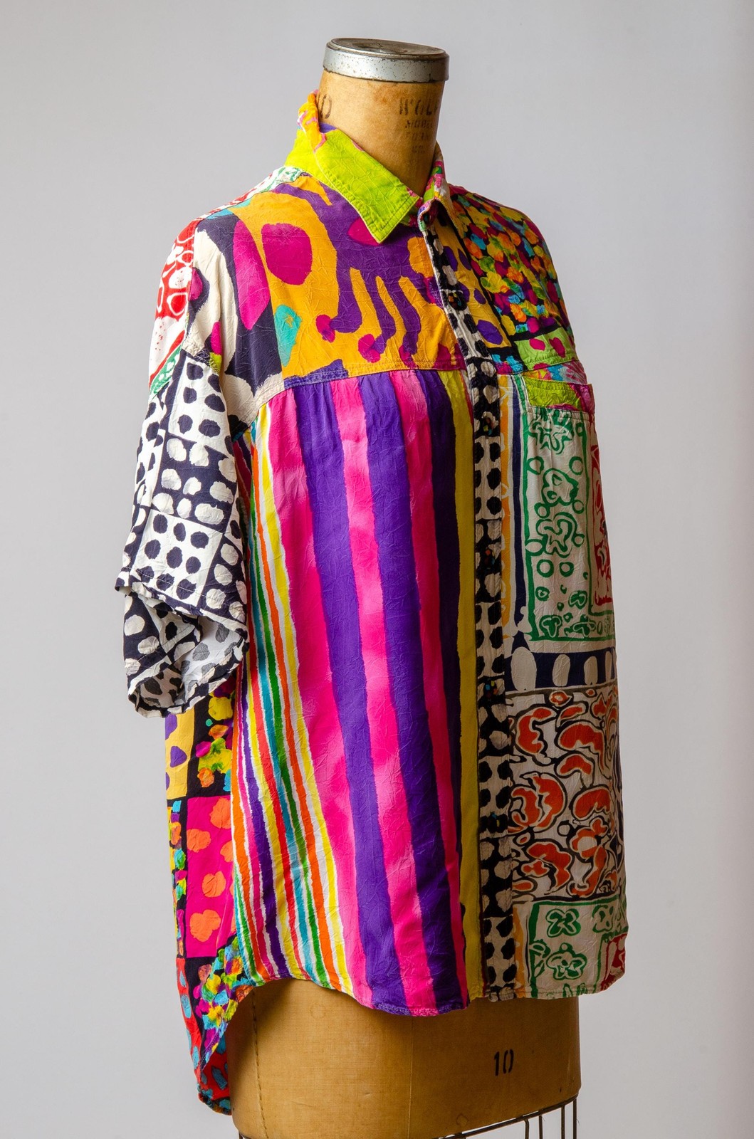 1980s Jams World Crazy Patchwork Paint Brush Strokes Rayon Button Down Shirt