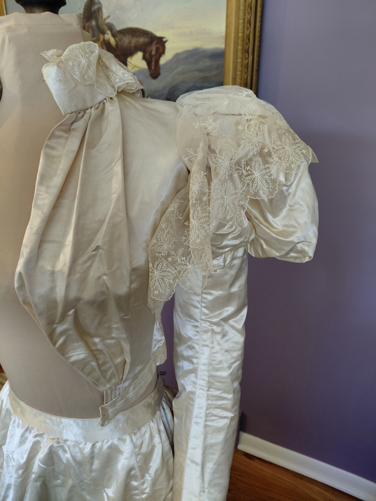 Antique 1890&rsquo;s Satin & Tambour Lace Dress Wedding Ball Gown Leg O Mutton Sleeves