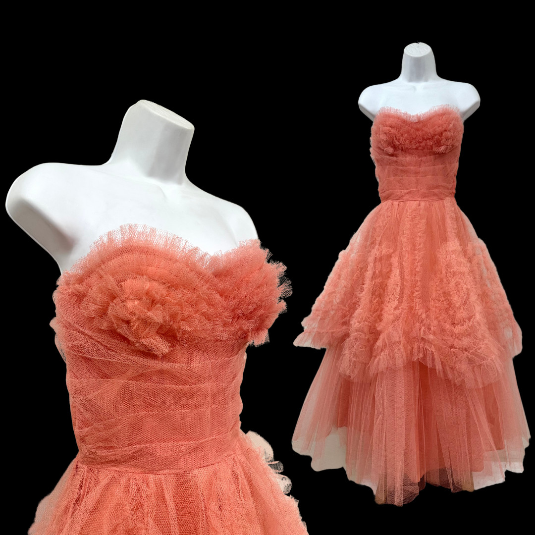 Vintage 1950s Tulle Salmon Tiered Formal Gown with Spiral Detailing