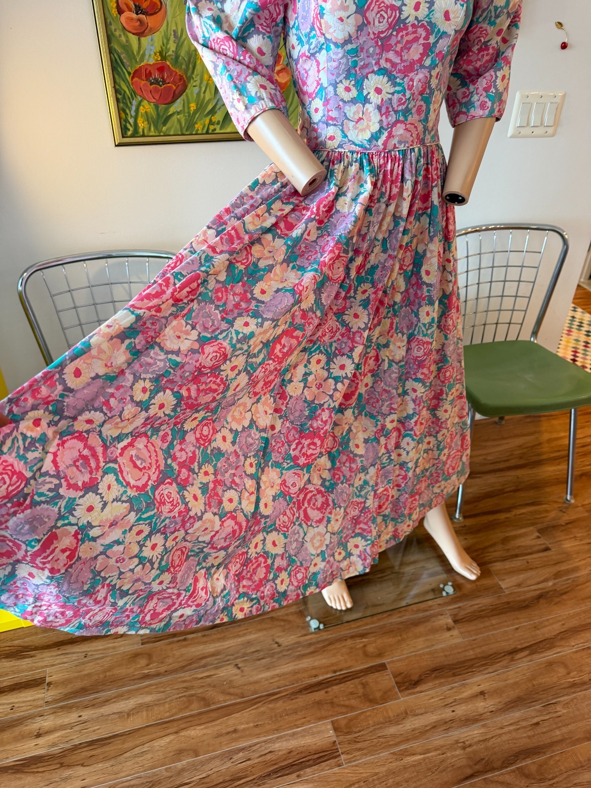 🌸 Vtg Handmade Laura Ashley Type Floral Puff Sleeve Cottagecore Midi Dress M