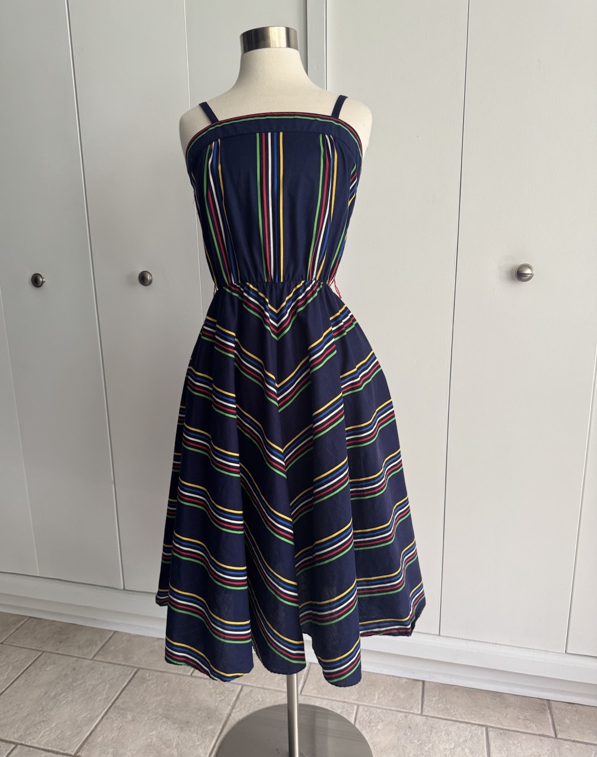 Vintage 1980’s Summer Striped Cotton Dress Fitted Bodice Flair Skirt