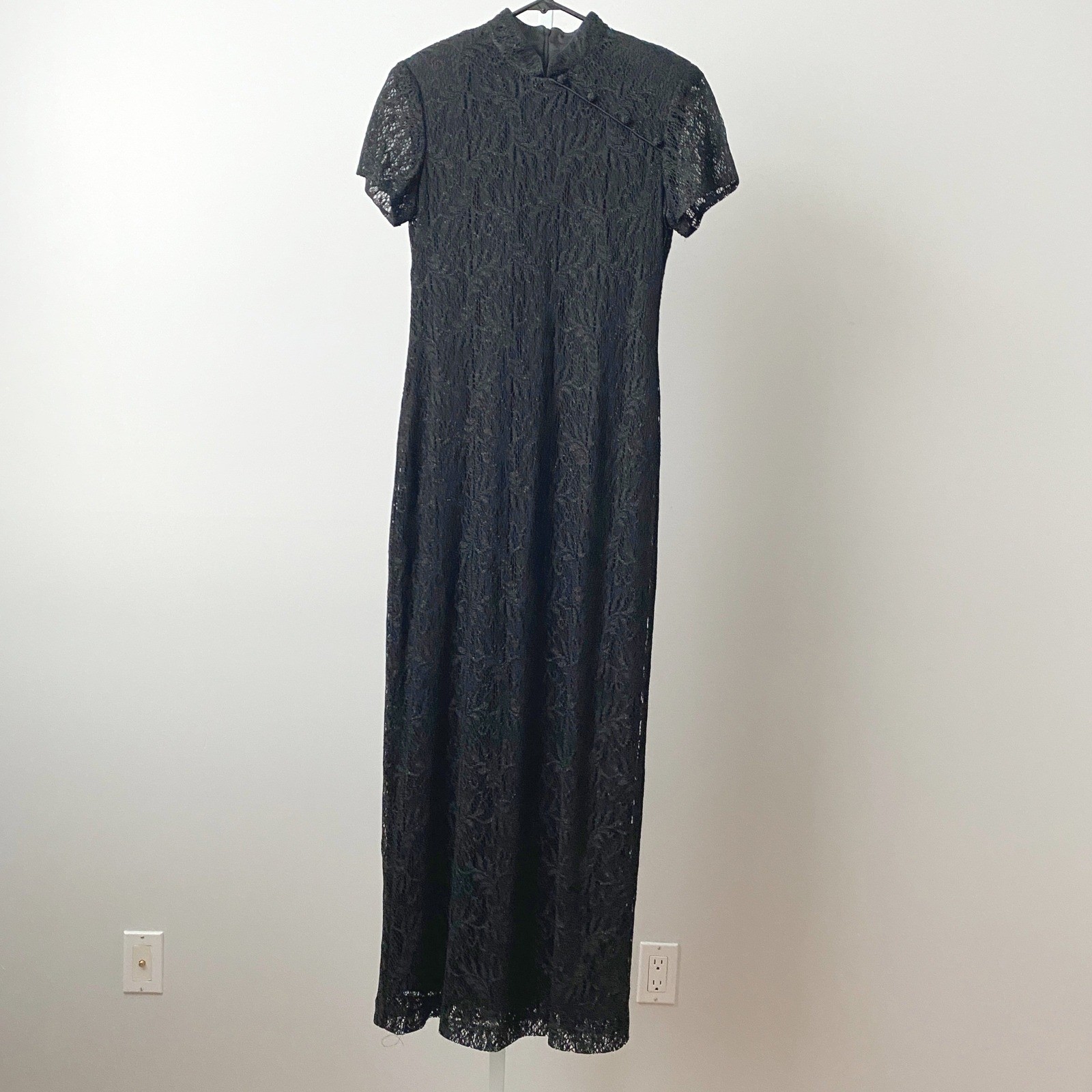 Jessica Howard 10P Black Lace Metallic Cheongsam Style Maxi Dress Vintage Goth