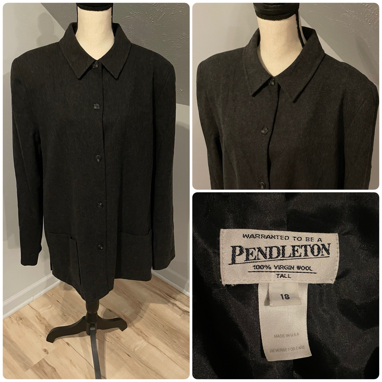 Vintage Pendleton Virgin Wool Full Button Blazer Jacket Size 18 Tall Dark Gray