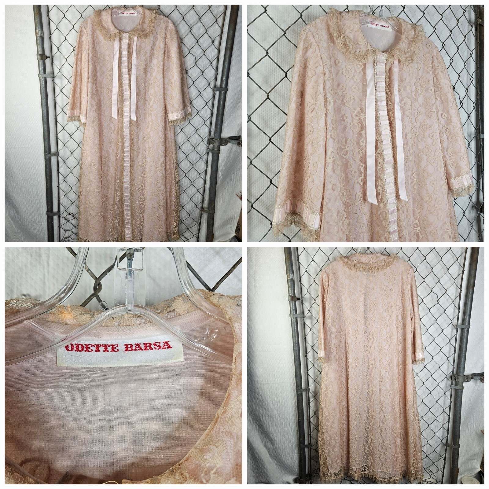 Vintage 60s Odette Barsa Blush Pink & Lace Robe Regency Dressing Gown Medium EUC