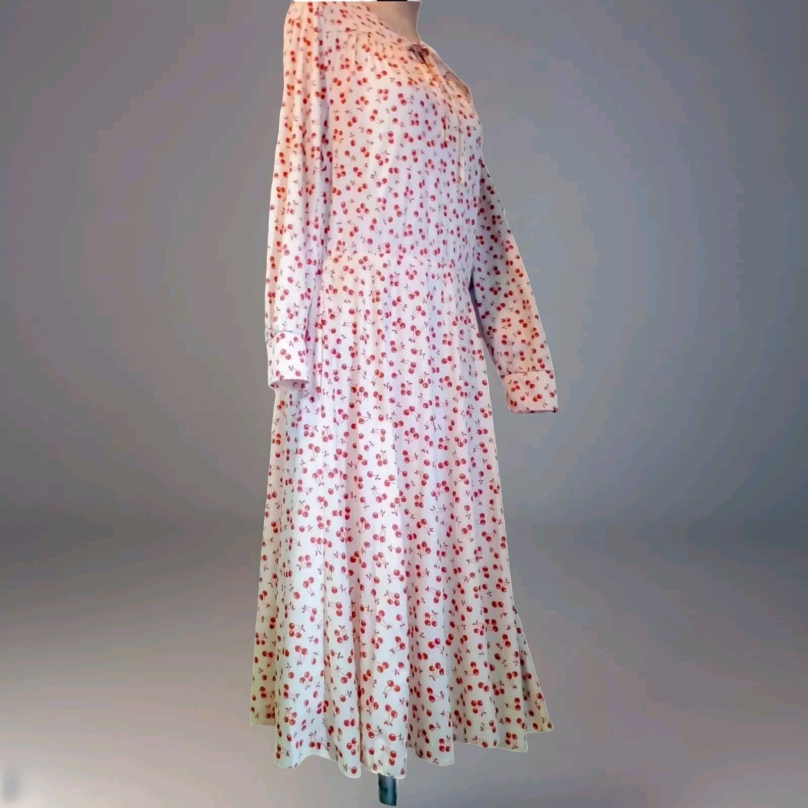 VTG 70s Novelty Cherries Print Midi Secretary Dress w Skinny Bow Elastic Waist M