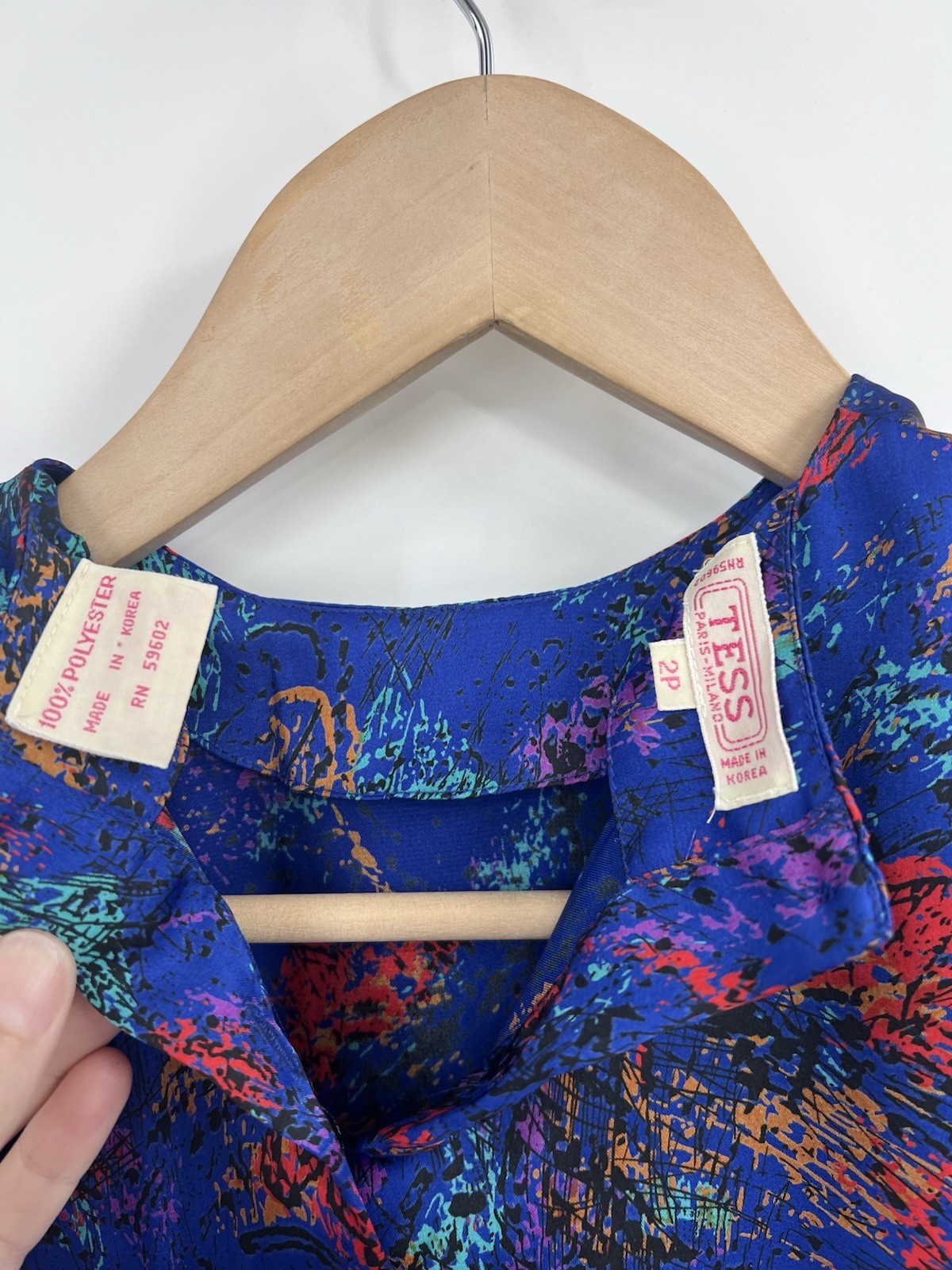 Vintage 80s Blue Multicolor Spatter Long Sleeve Structured Blouse Tess 2P