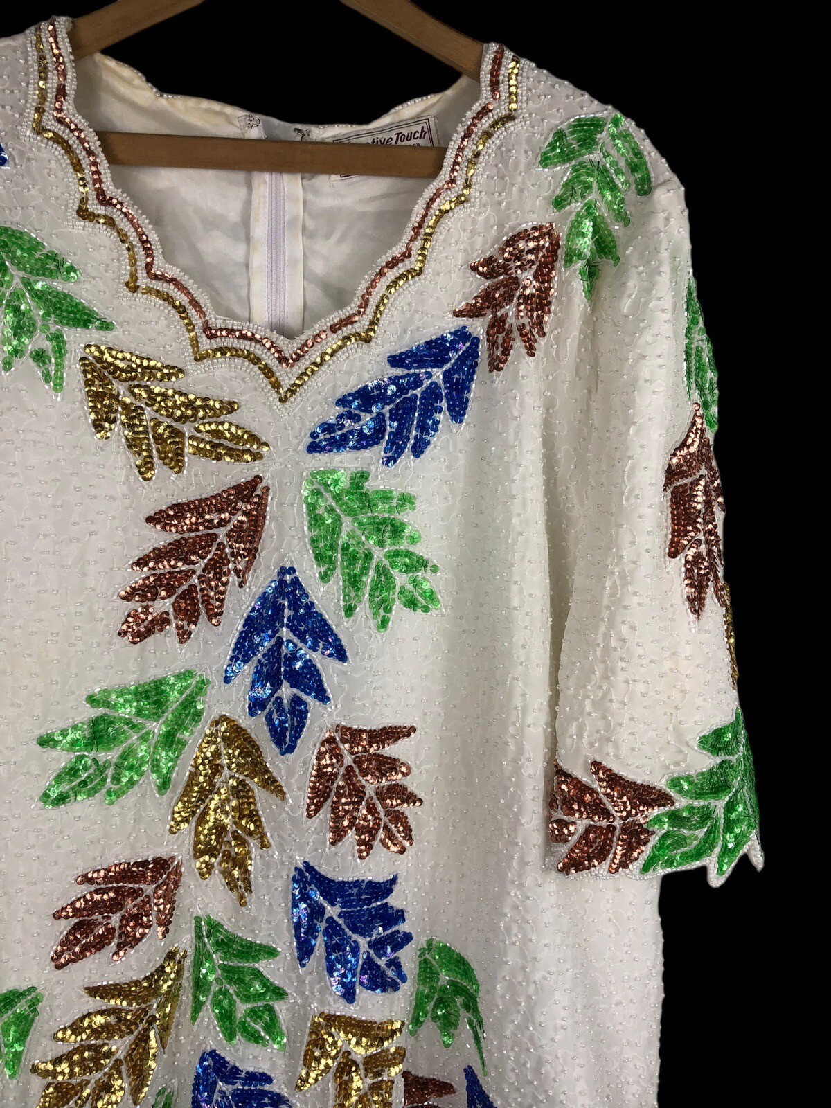 Beaded Top Size XL / 1X Vintage Evening Wear Shirt Blouse White Blue Copper Leaf
