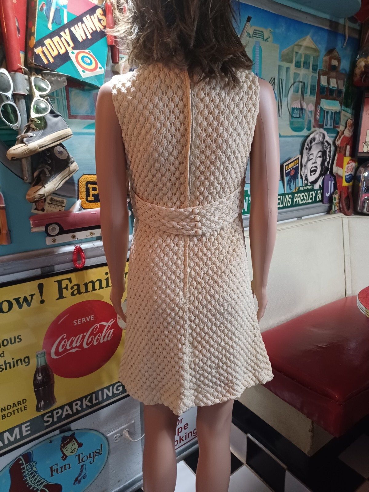 VTG Mid-century 1960s / 1970s Mod Crochet Sleeveless Mini Dress Groovy Ivory S