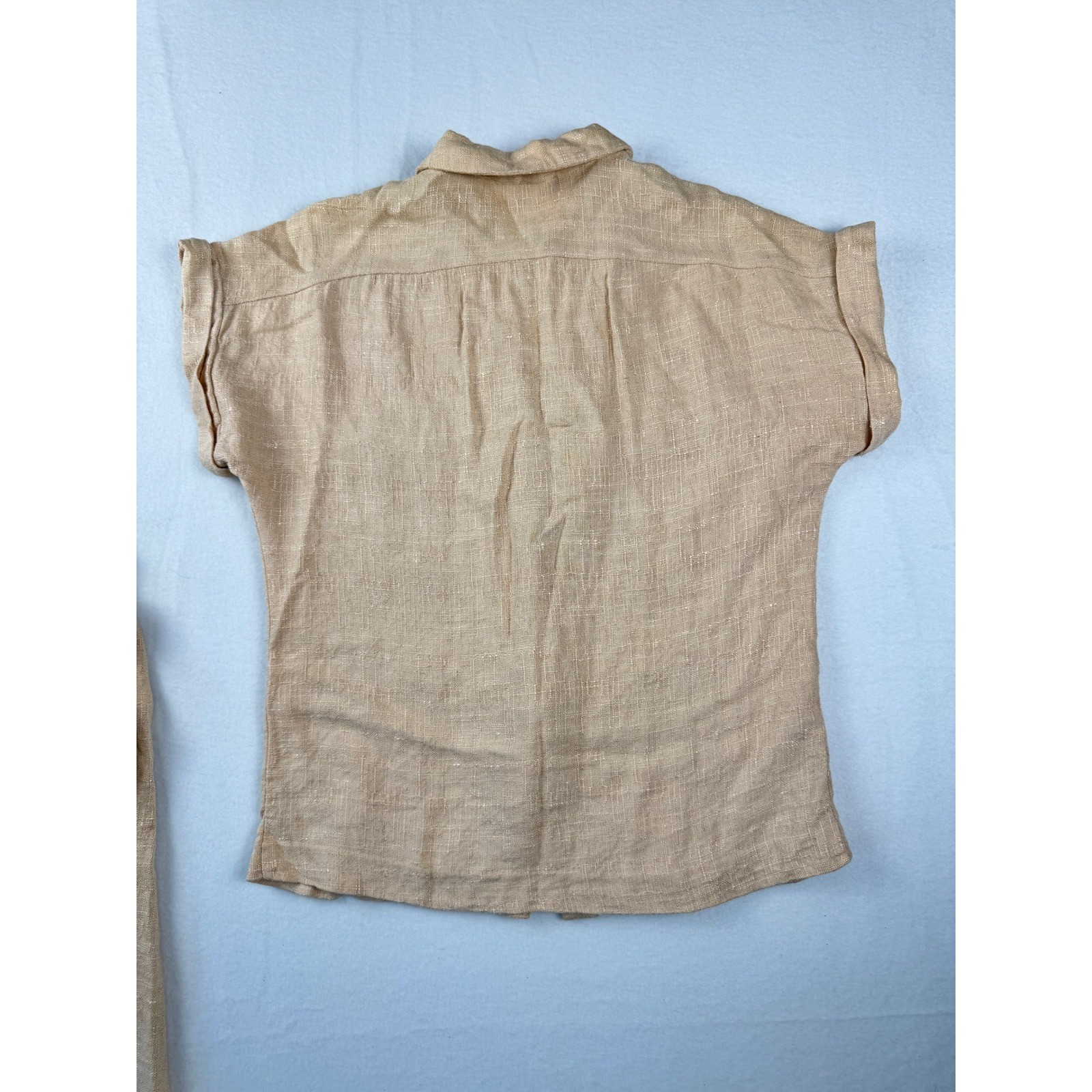 Vintage 70&rsquo;s Linen Blend Neutral Two Piece Skirt Set Tan Short Sleeve Top Midi