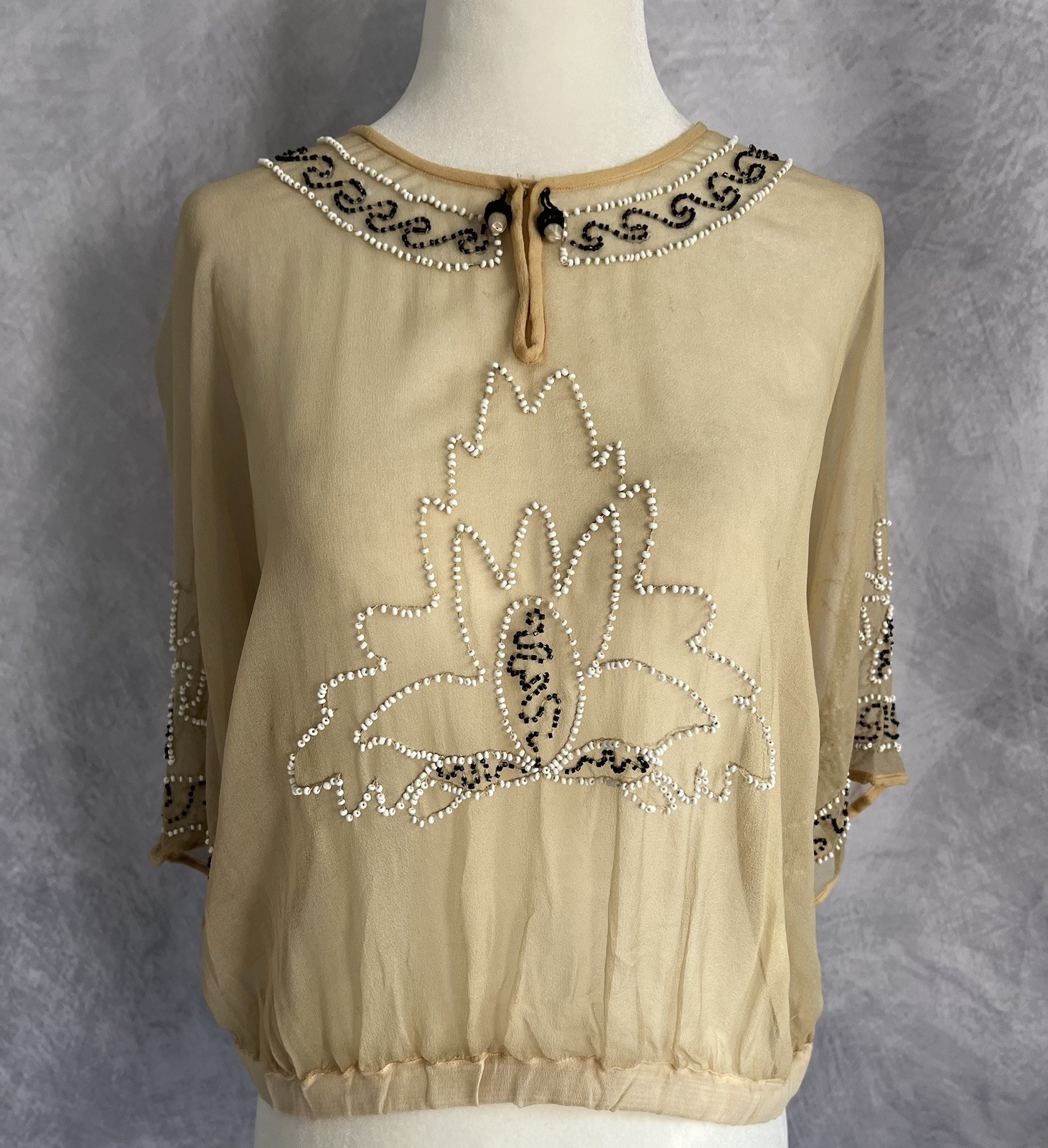 Vintage Antique c.1910 Edwardian Beaded Champagne Sheer Silk Tea Blouse Custom