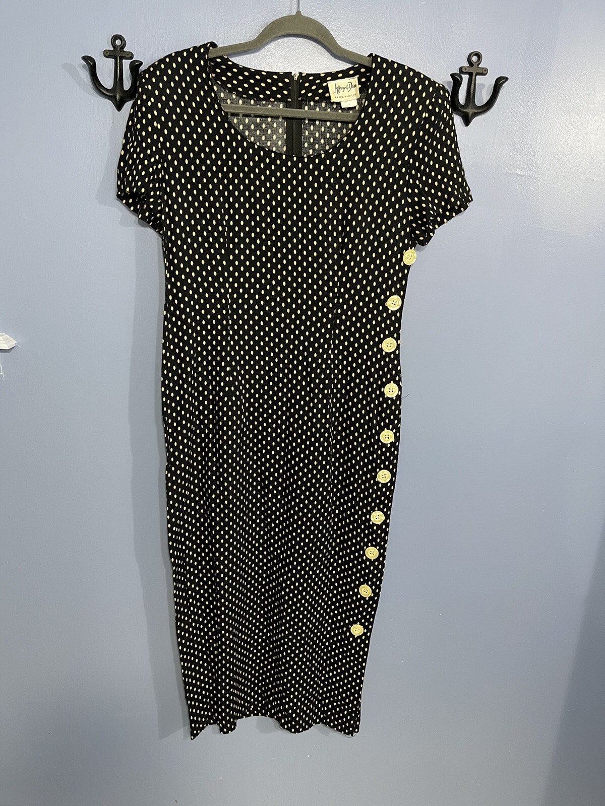 Vintage Jeffrey & Dara by Linda Hutley Long Dress Black w/Tan Polka-Dot Size 7/8