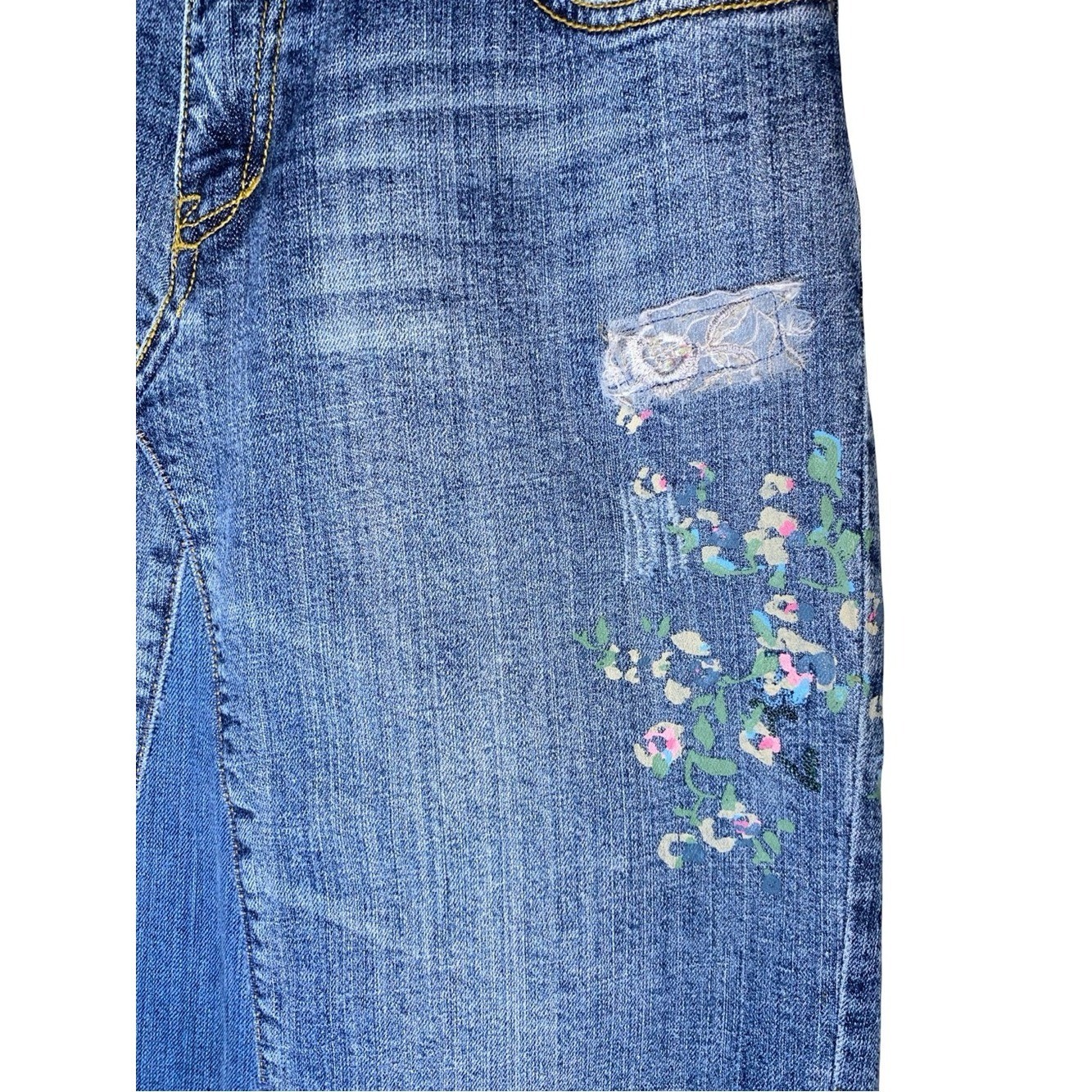 Vintage 7 For All Mankind Denim Patchwork Maxi Skirt Embroidered Y2K Boho