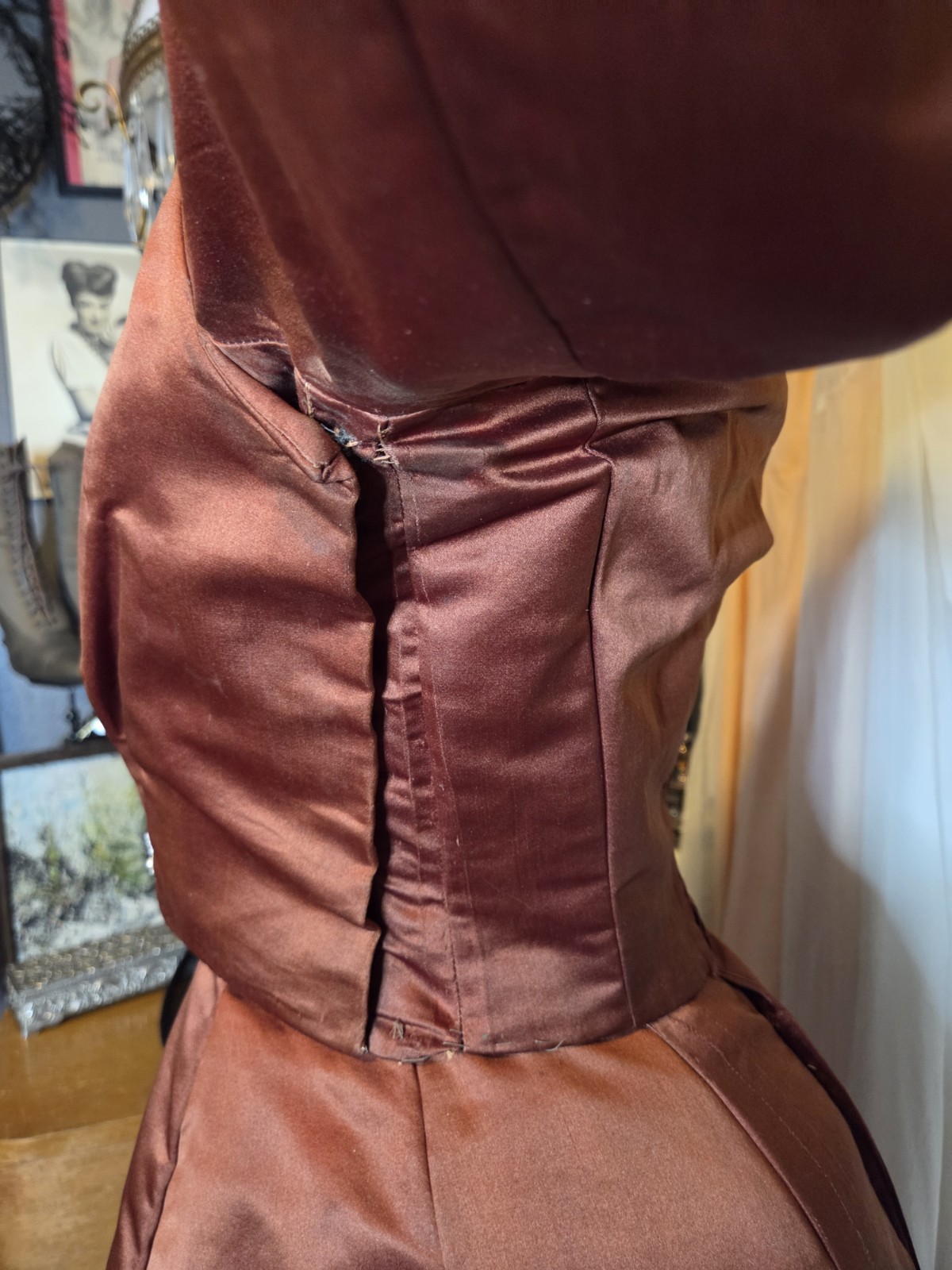 Victorian Copper Silk Blend Walking Suit w/ Ivory Taffeta Inserts & Pearl Trim
