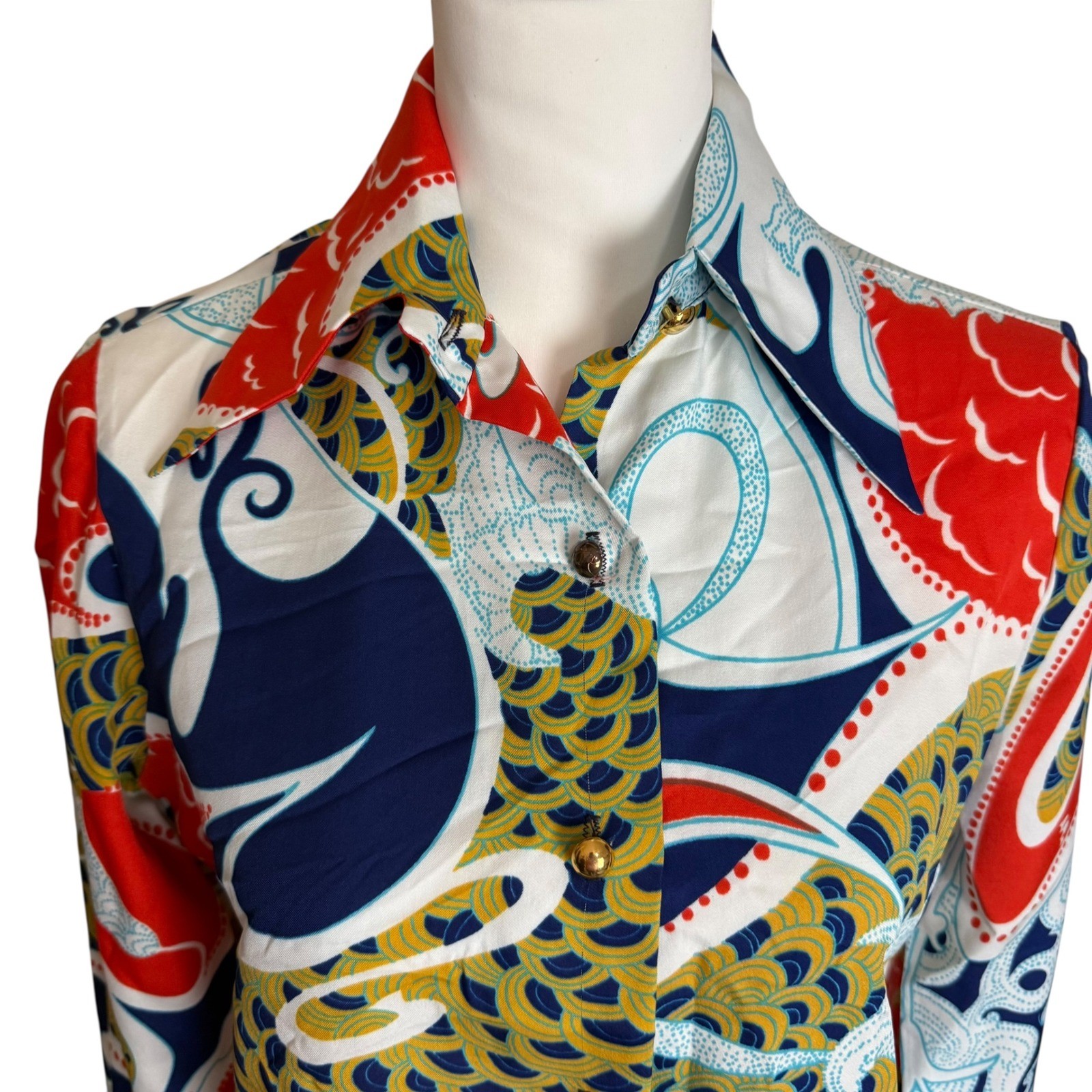 Vintage La Baroque Lady Arrow 70s Psychedelic Print Button Up Shirt Red Navy L