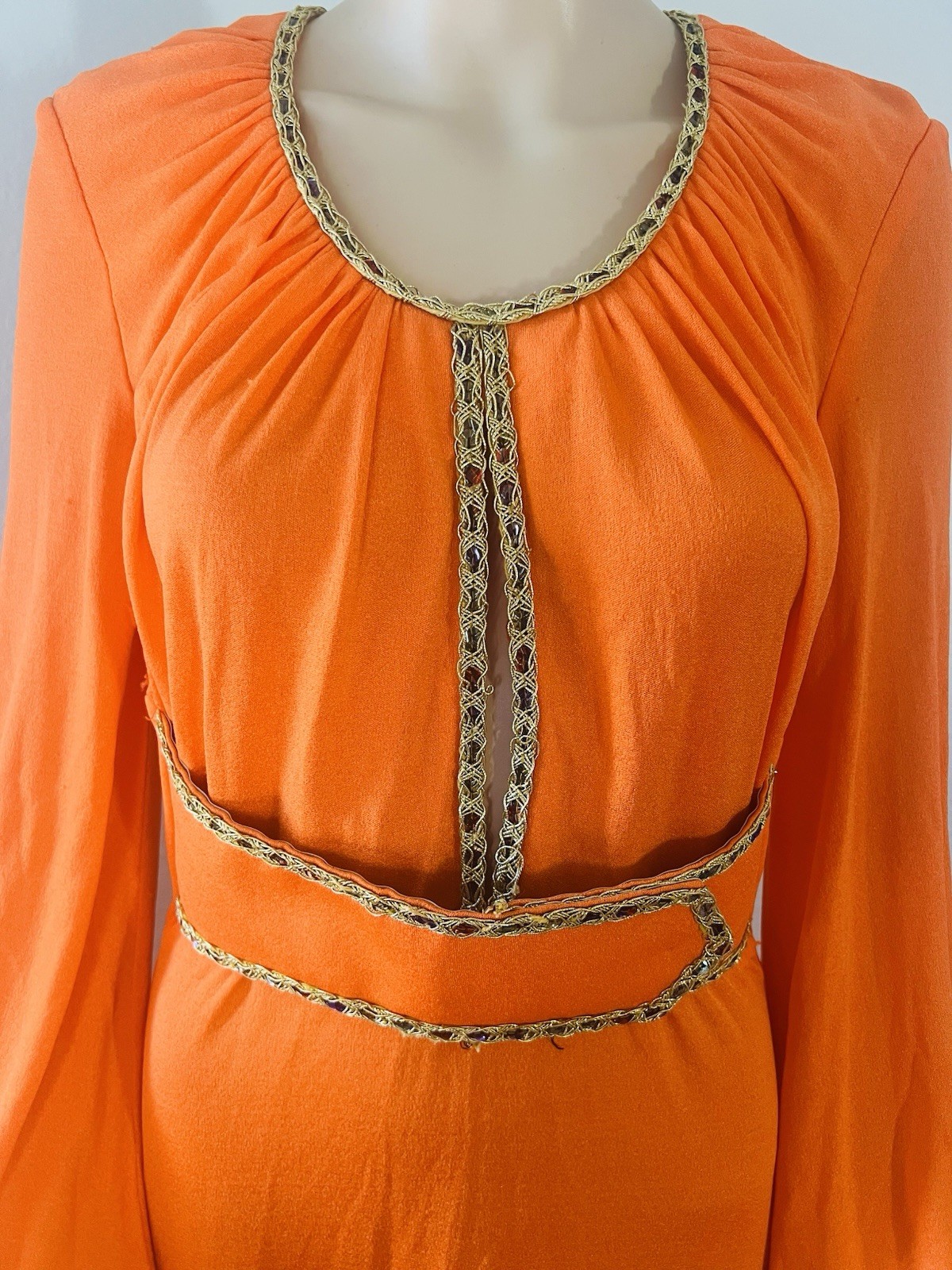 VTG 70s Funky Mod Orange Belted Maxi Dress Sexy Plunging Keyhole Front/Back Med
