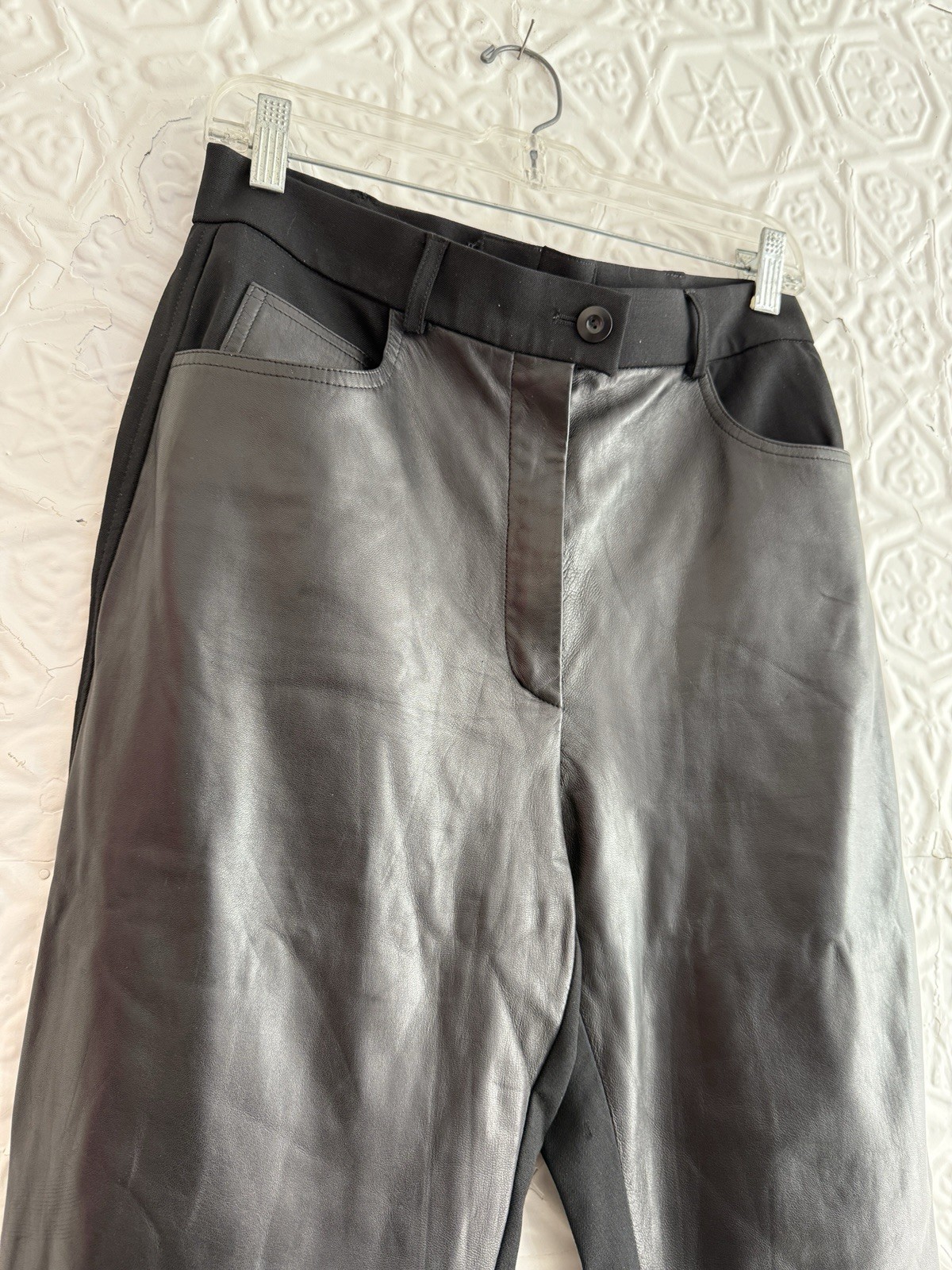 vintage Escada lamb nappa Leather & wool Pants Black slim Trouser 1990s 2000s
