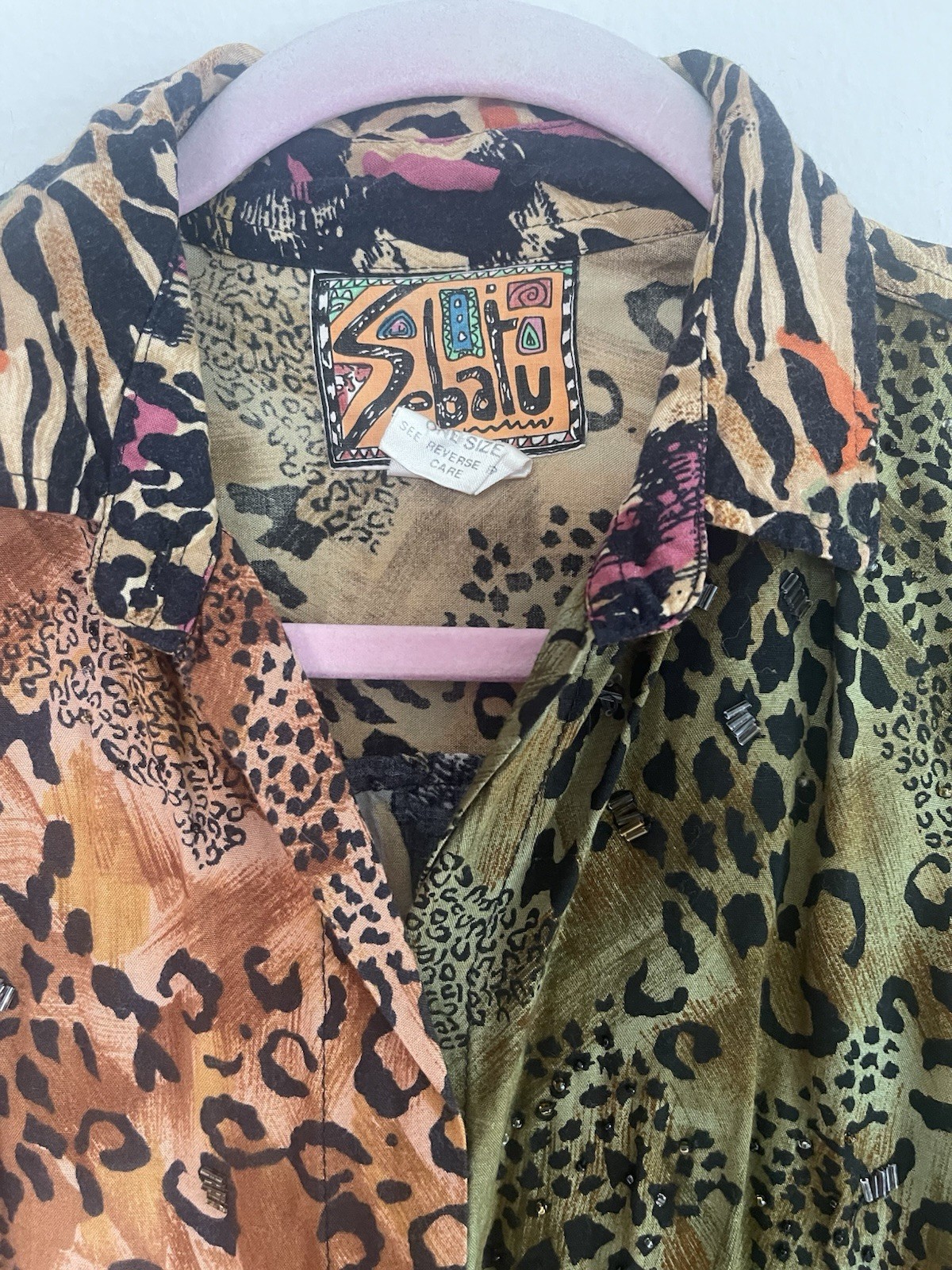Vintage Sebatu Blouse Shirt 100% Rayon Animal Print Beaded Made In Indonesia