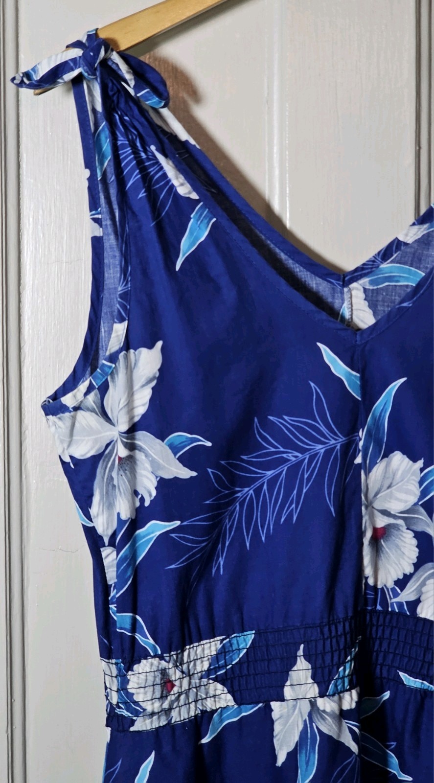 VGT 90s Banana Bay Dress Size M Blue Cotton Tropical Floral Hawaiian Hibiscus
