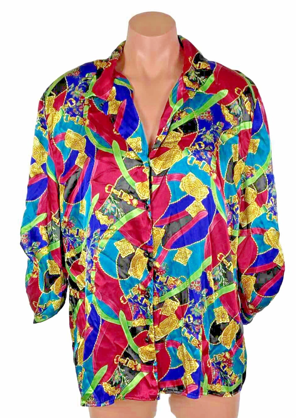 Vintage Leslie Fay Blouse SZ L Colorful Women’s Shimmer Satin Button Up Chains