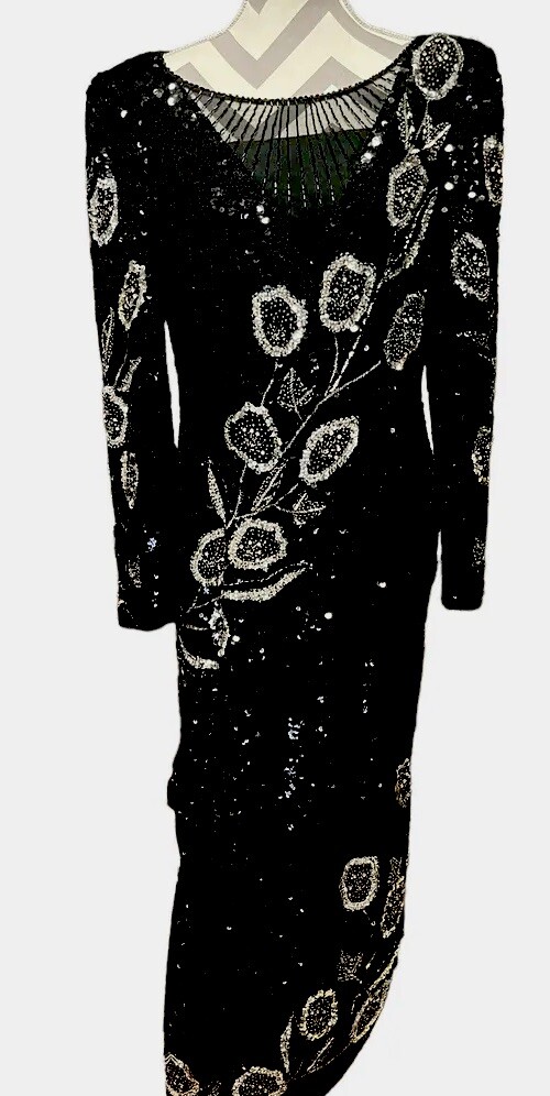 Vintage 80s / 90s Nadine Gown Dress Beaded Sequin Size 15/16 100% SILK