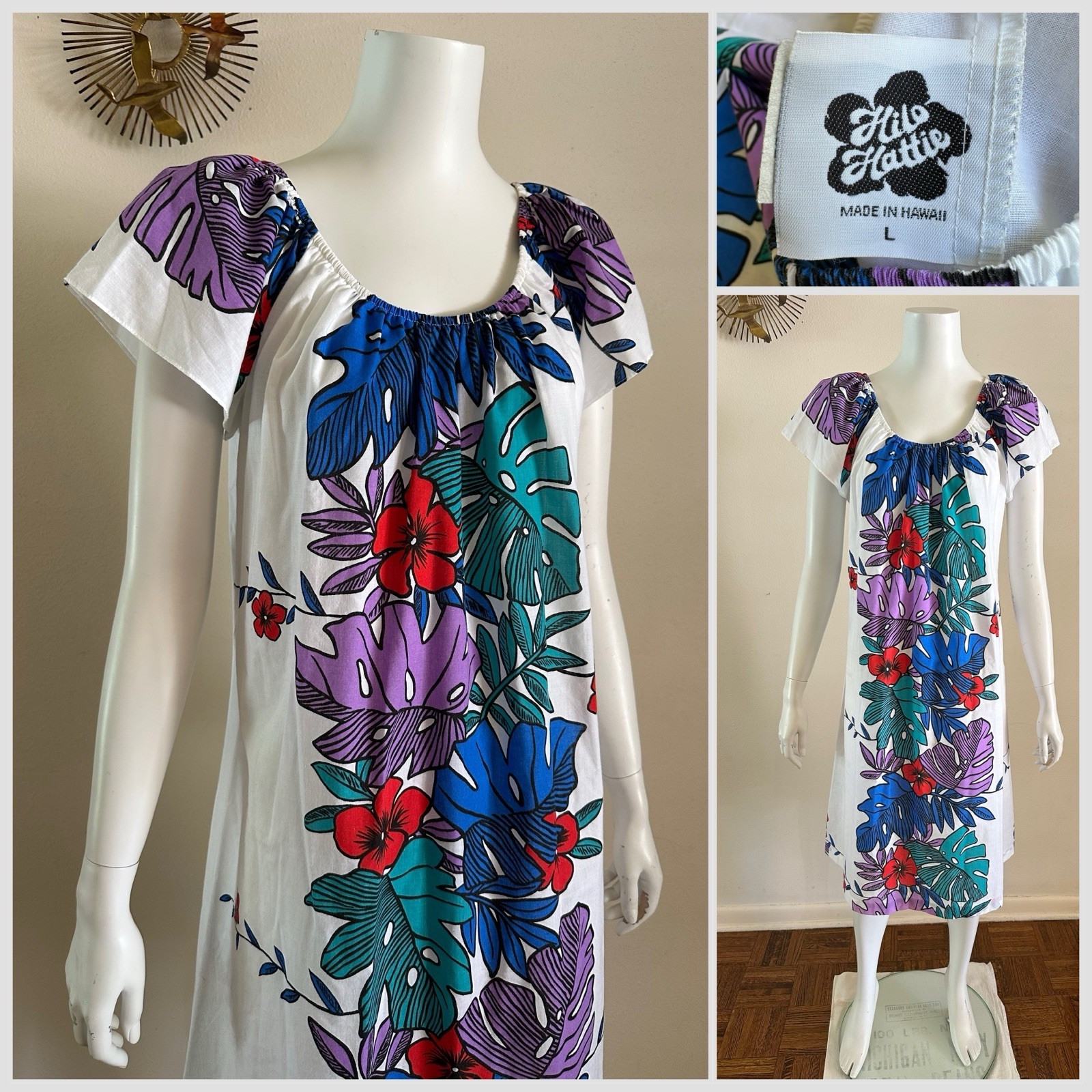 1980s Hilo Hattie Hawaiian Dress Monstera Floral Mumu Tropical Resort L 90s VTG