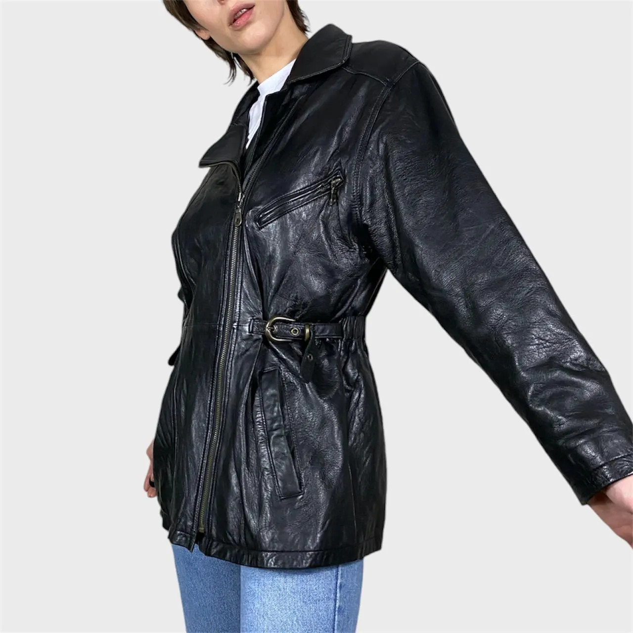 Vintage Black Leather Jacket Moto Biker Style Zipped Jacket Size US8