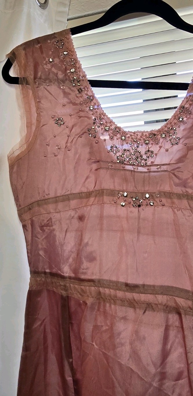 Blush Pink Beaded Sheer Mid-length Vintage Style Dress With Slip Size M