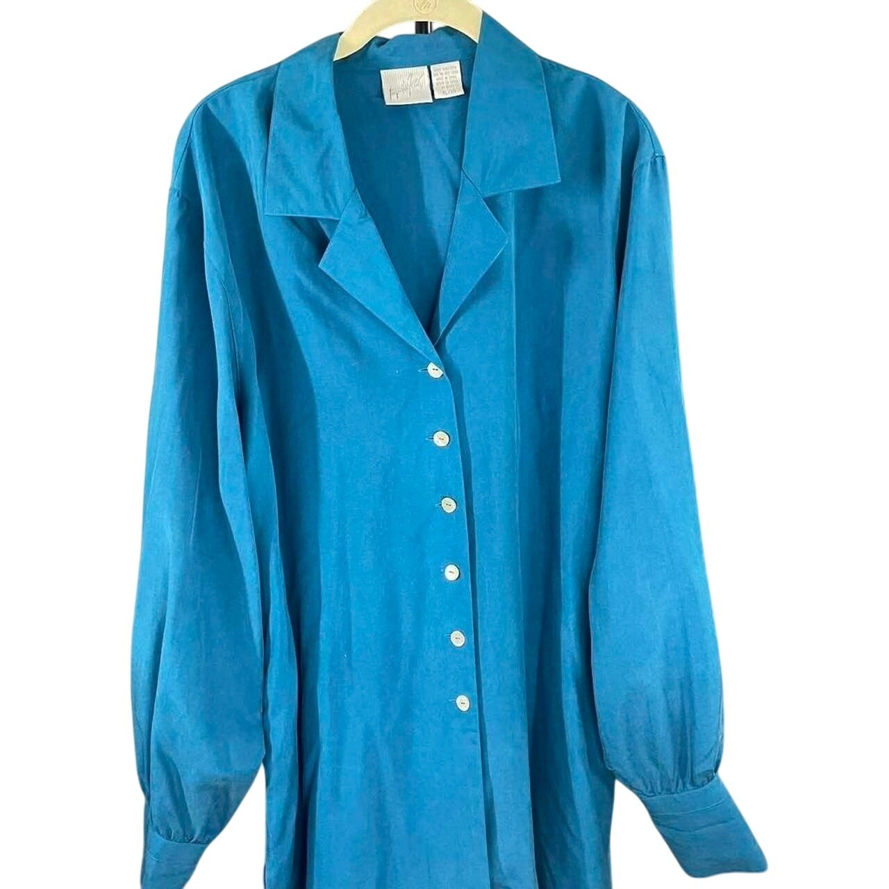 Vintage Teal 100% Silk Button Down Blouse Oversized Coastal Tunic Top