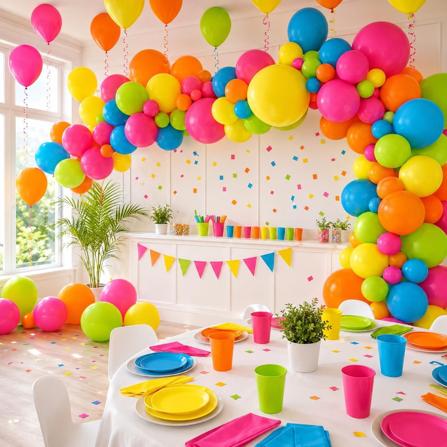 Rainbow Balloons, 50Pcs 12 Inches Yellow Orange Hot Pink Lime Green Neon Ball…