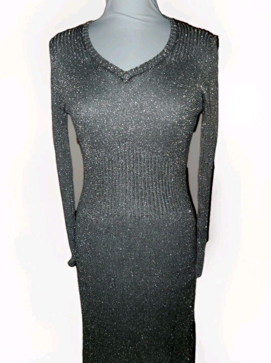 Vint 70&rsquo;s Studio 54 SILVERY METALLIC LUREX Knit V NECK Maxi Dress M HONG KONG