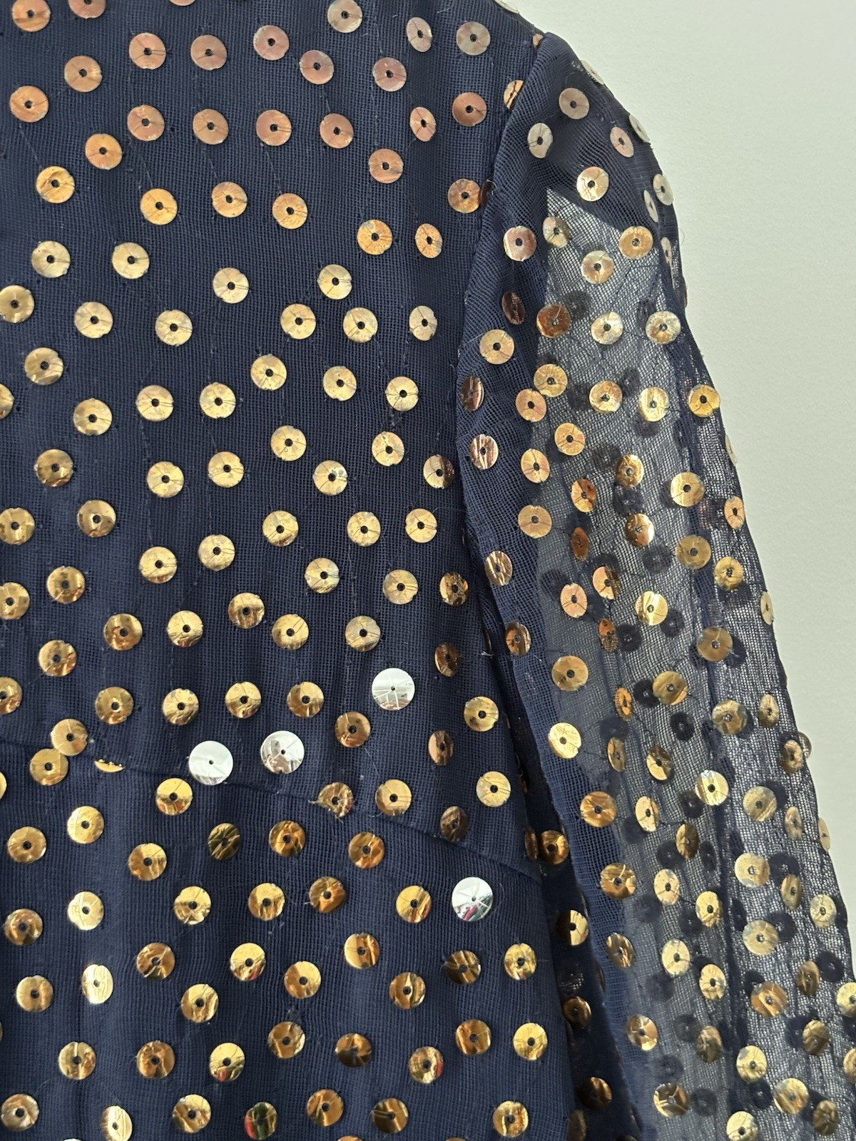 70s Joan Leslie by Kasper Sequin Party Dress Navy Gold Sheer Sleeve VTG