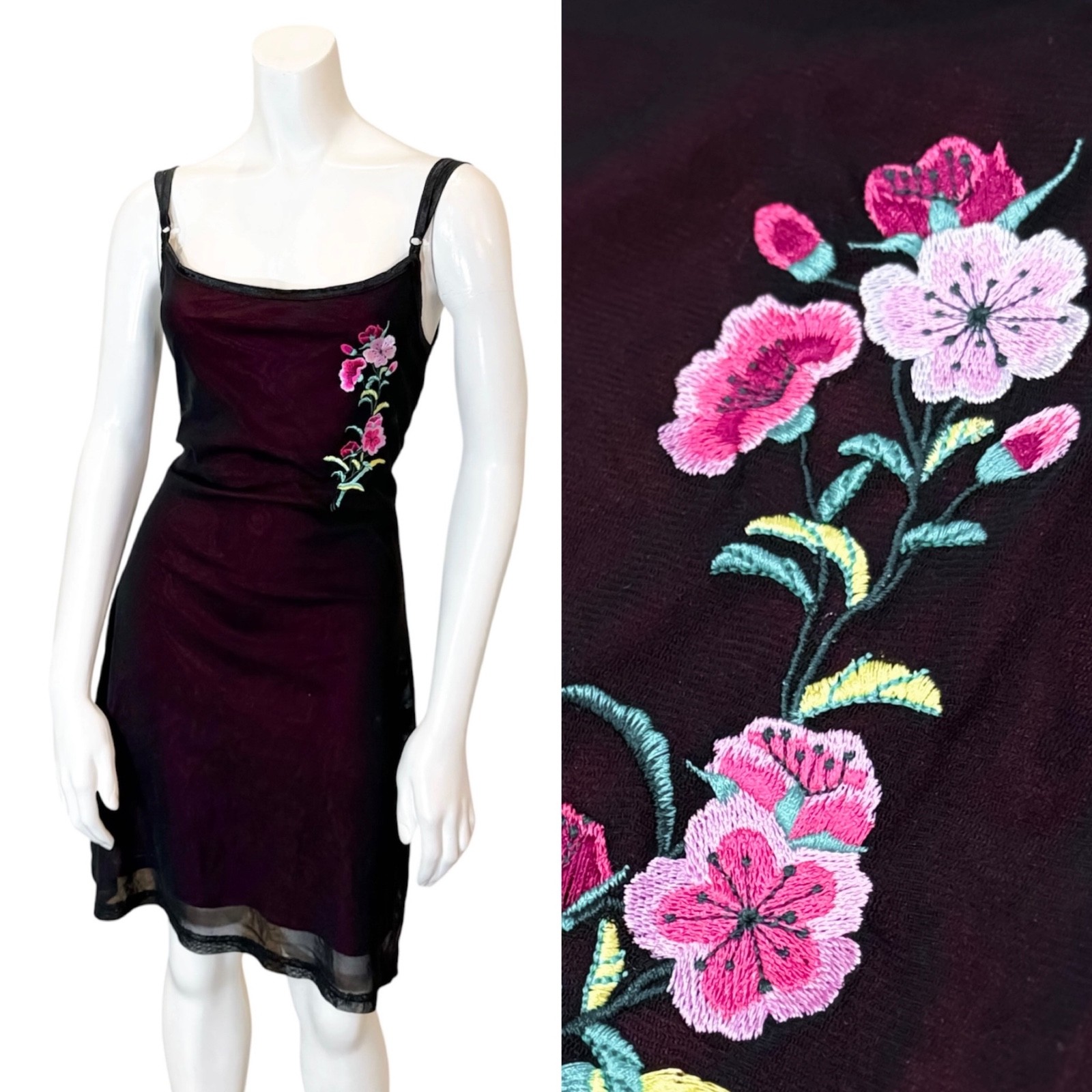 Vintage 90&rsquo;s Y2K MESH TANK DRESS w FLORAL EMBROIDERY M Grunge Punk Mall Core