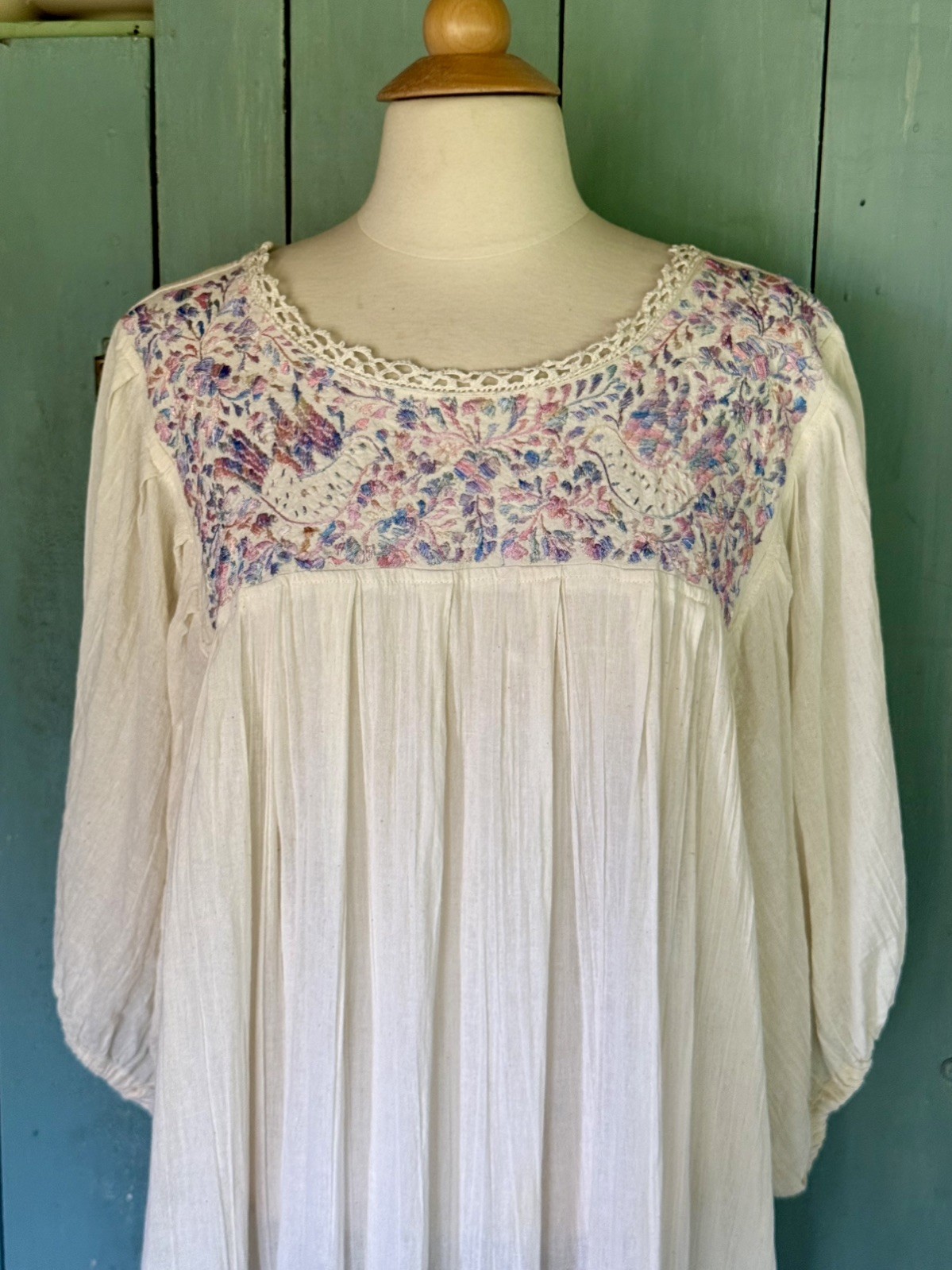 Pintuck Mexican Hand Stitched Embroidered Cotton Gauze Shift Dress Crochet L-XXL