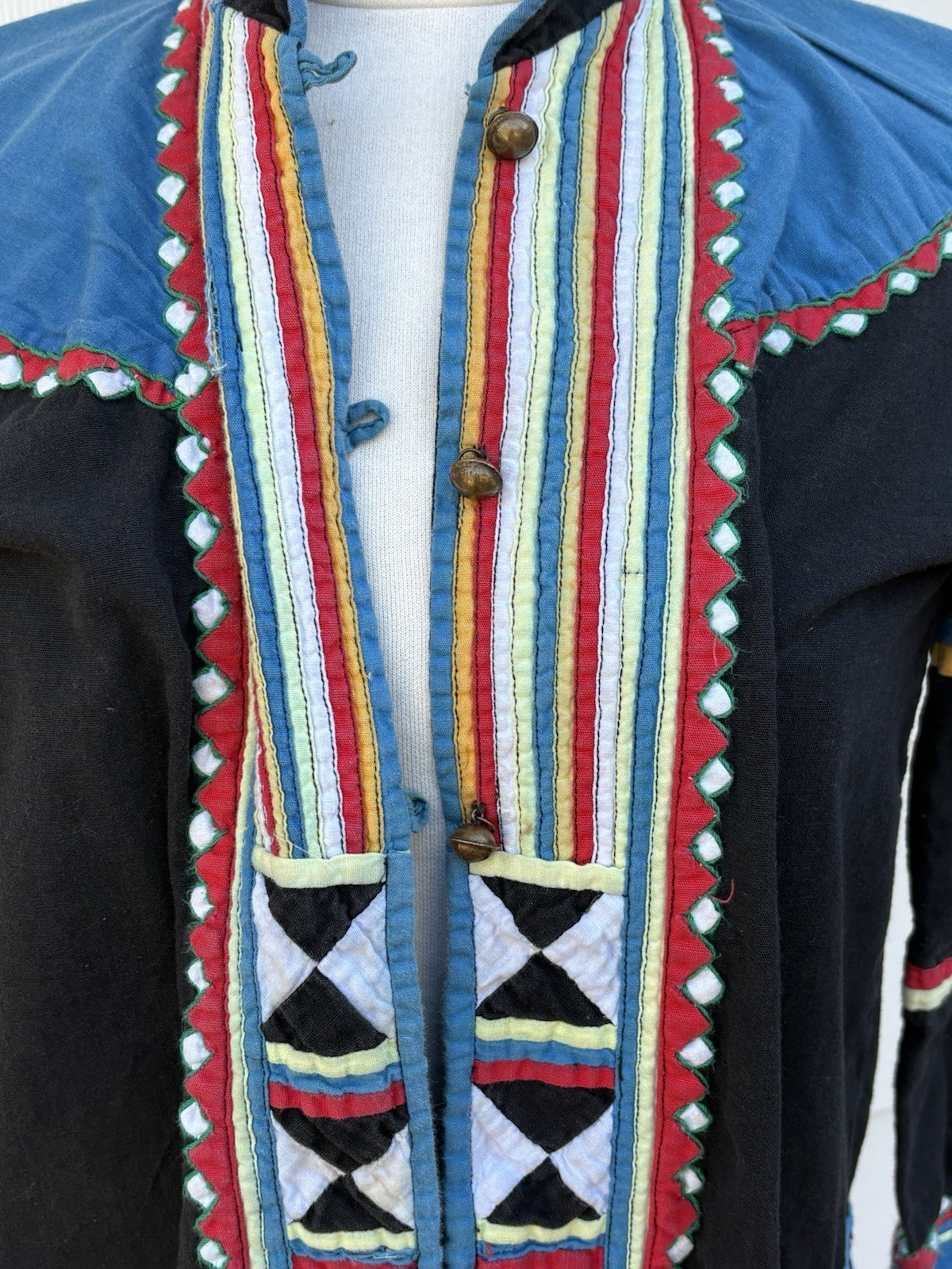 Vtg Thai Hill Tribe Jacket Geometric Patchwork Duster Coat Folk Art Kaftan Boho