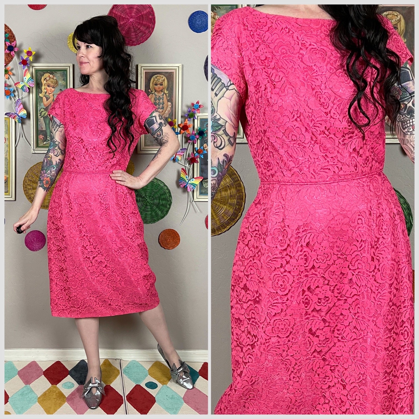 Vintage 1960s Pink Floral Lace Short Sleeve Sheath Dress | 28&Prime; Waist