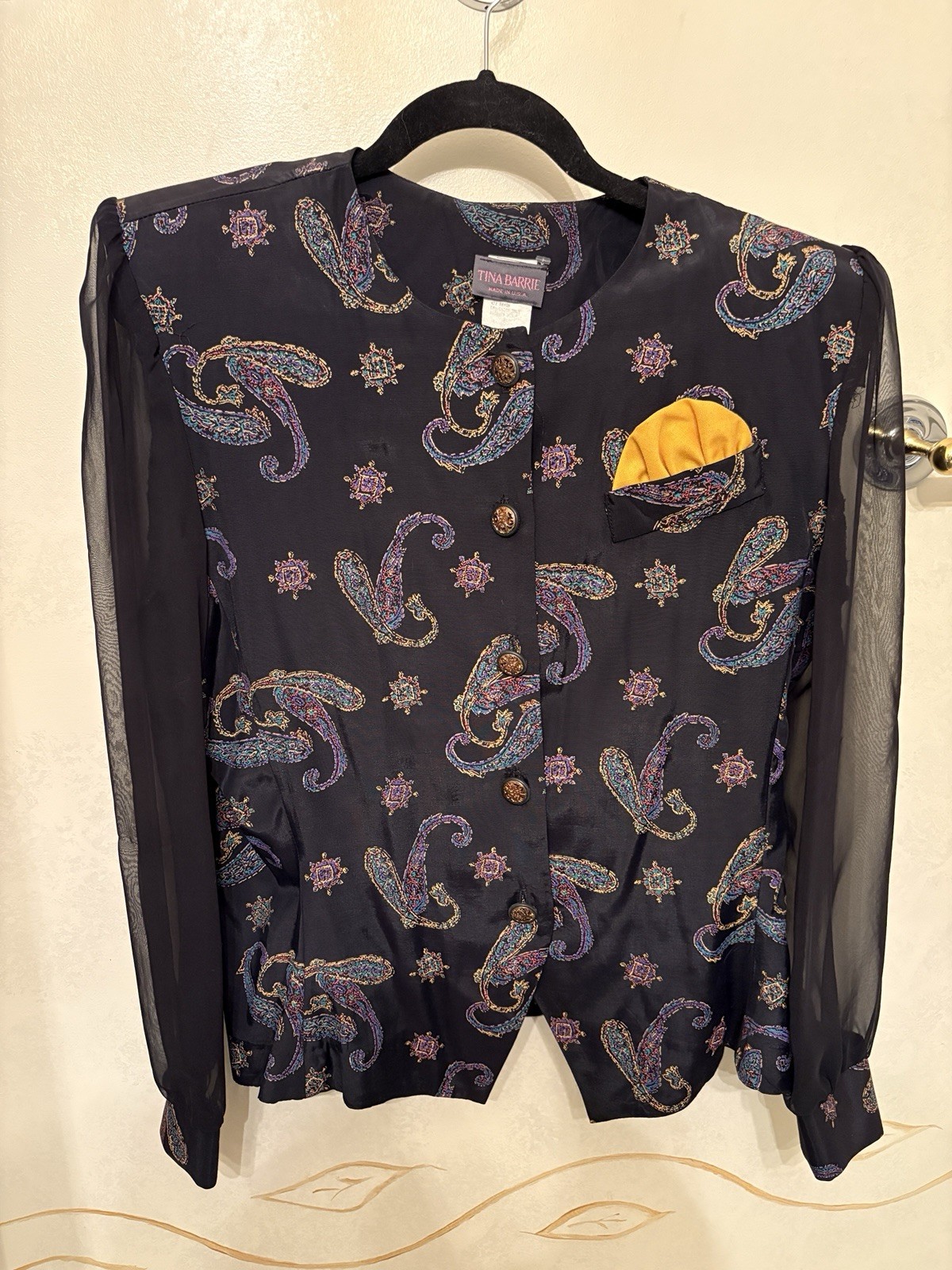 Vintage 1980s Tina Barrie Paisley Blouse Long Chiffon Sleeves Size 14