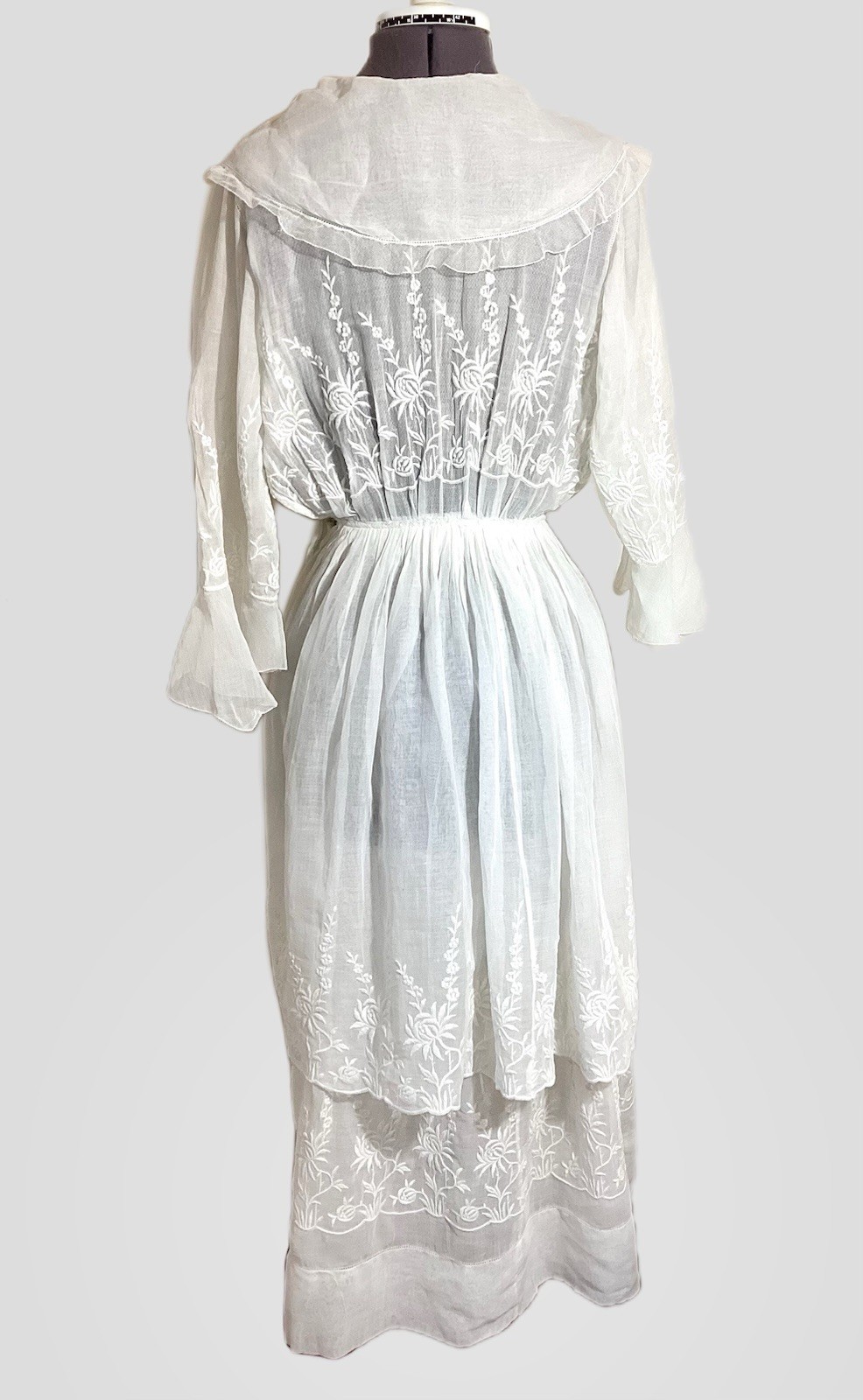 Edwardian 1910s Cotton Gauze Tea Gown Tiered Summer Dress Embroidery Mesh Ruffle