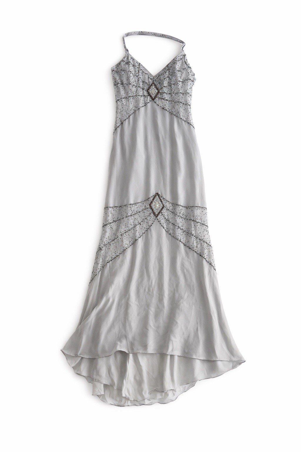 Vintage 100% Silk Beaded Halter Gown Art Deco Gatsby Grey Luxe Formal Y2K Dress